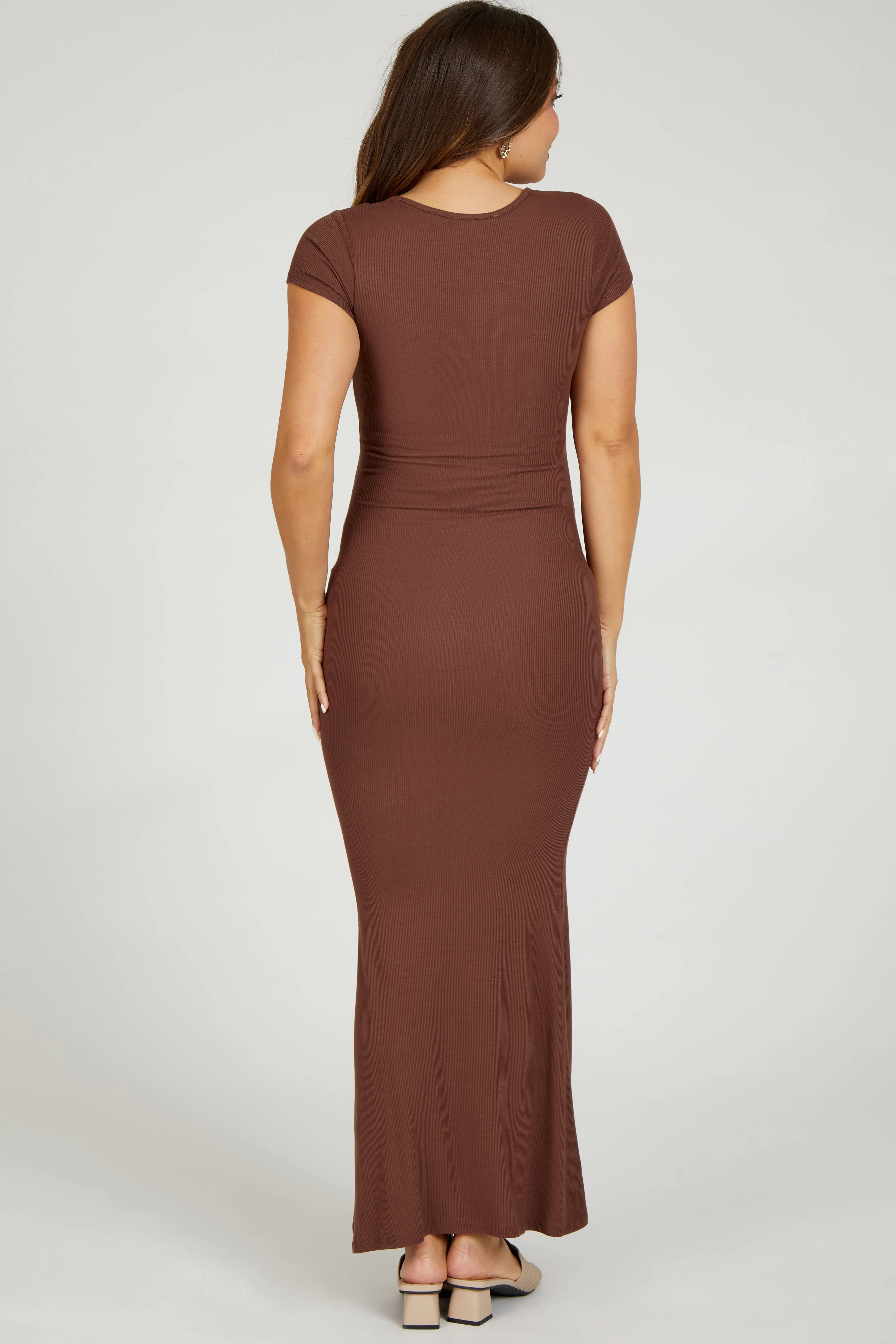 Brown Ribbed Scoop Neck Maternity Maxi Dress sold by Pinkblush product image thumbnail 3