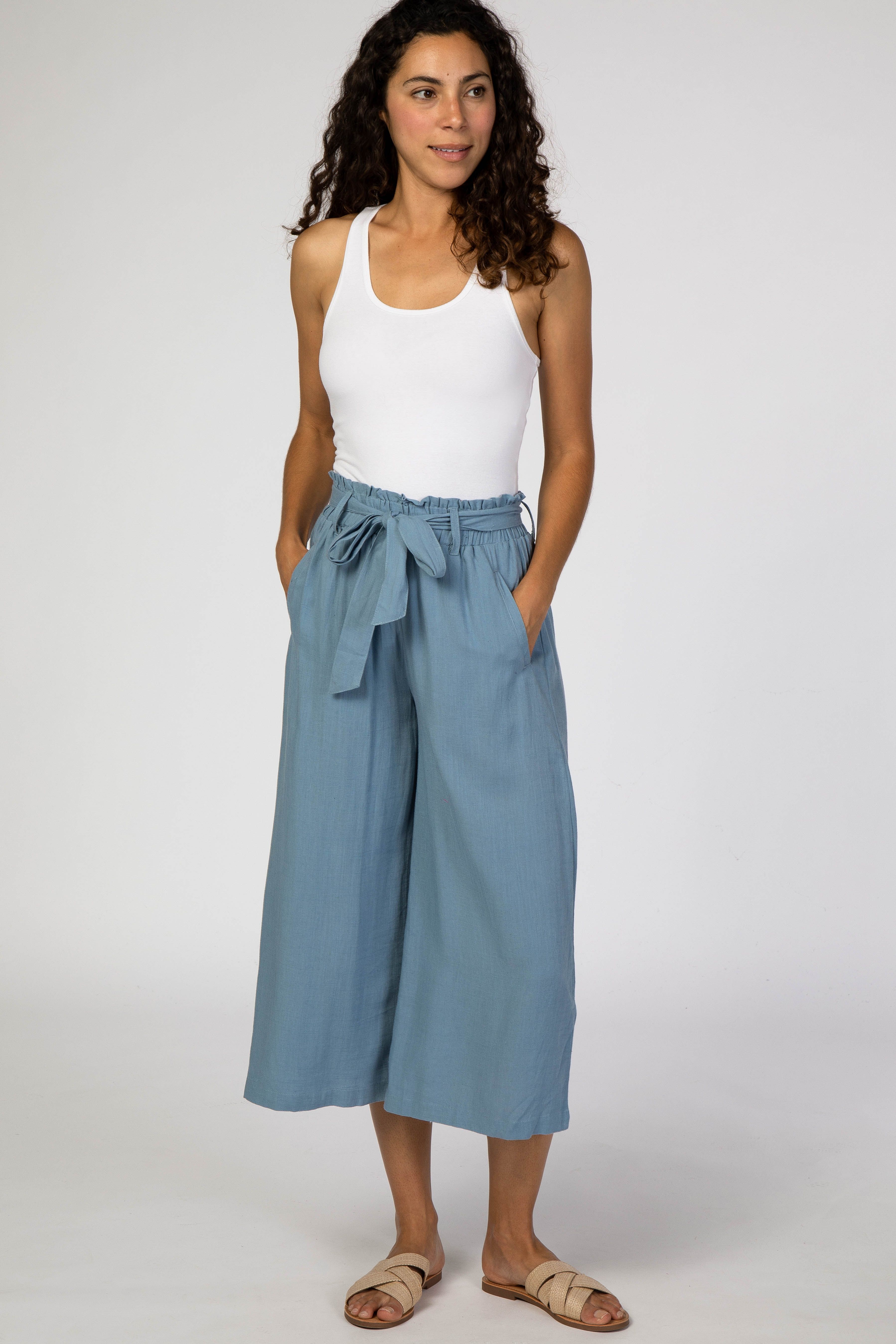 Blue Linen Waist Tie Crop Wide Leg Maternity Pants sold by Pinkblush product image thumbnail 5