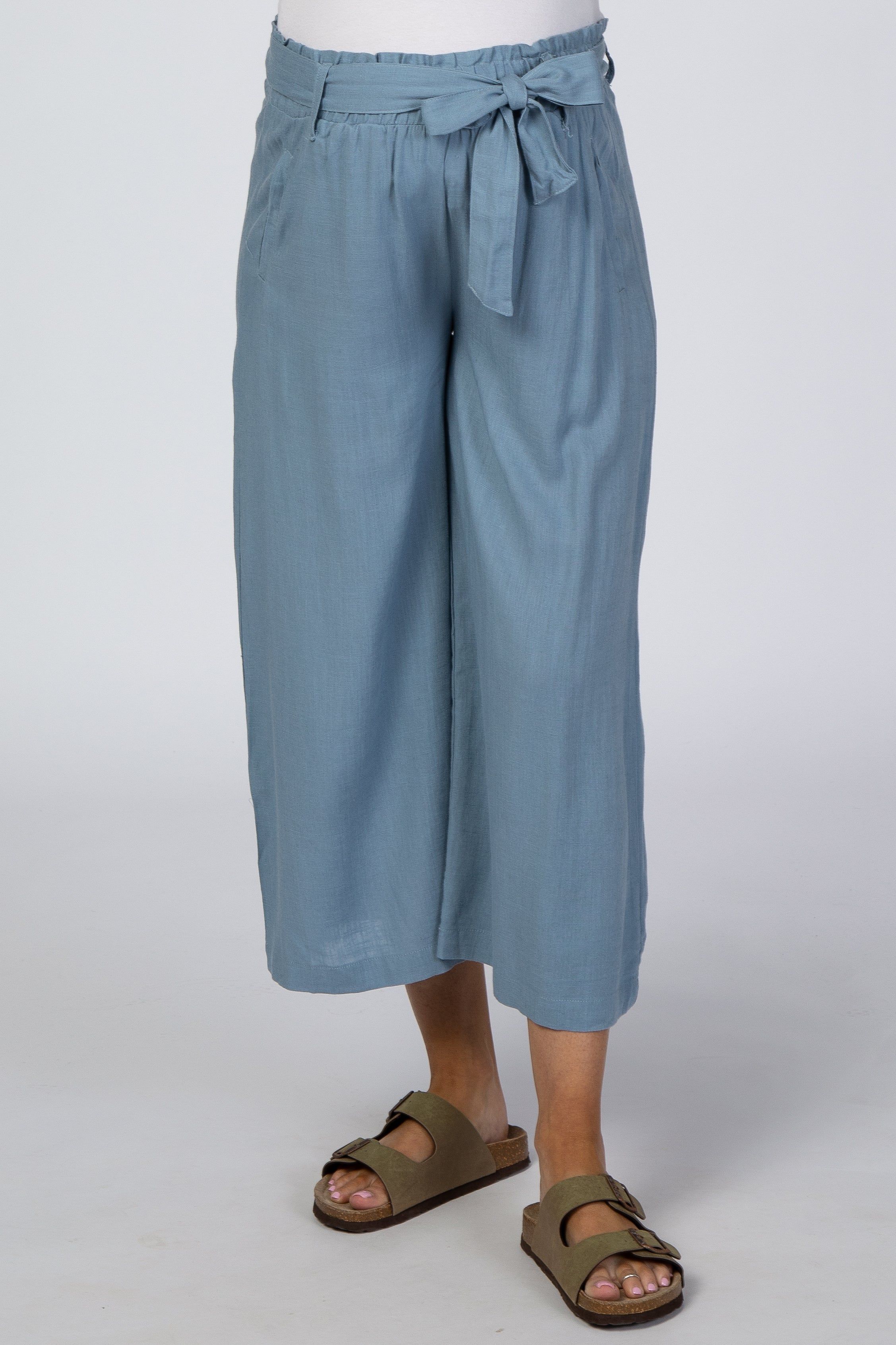 Blue Linen Waist Tie Crop Wide Leg Maternity Pants sold by Pinkblush product image thumbnail 2