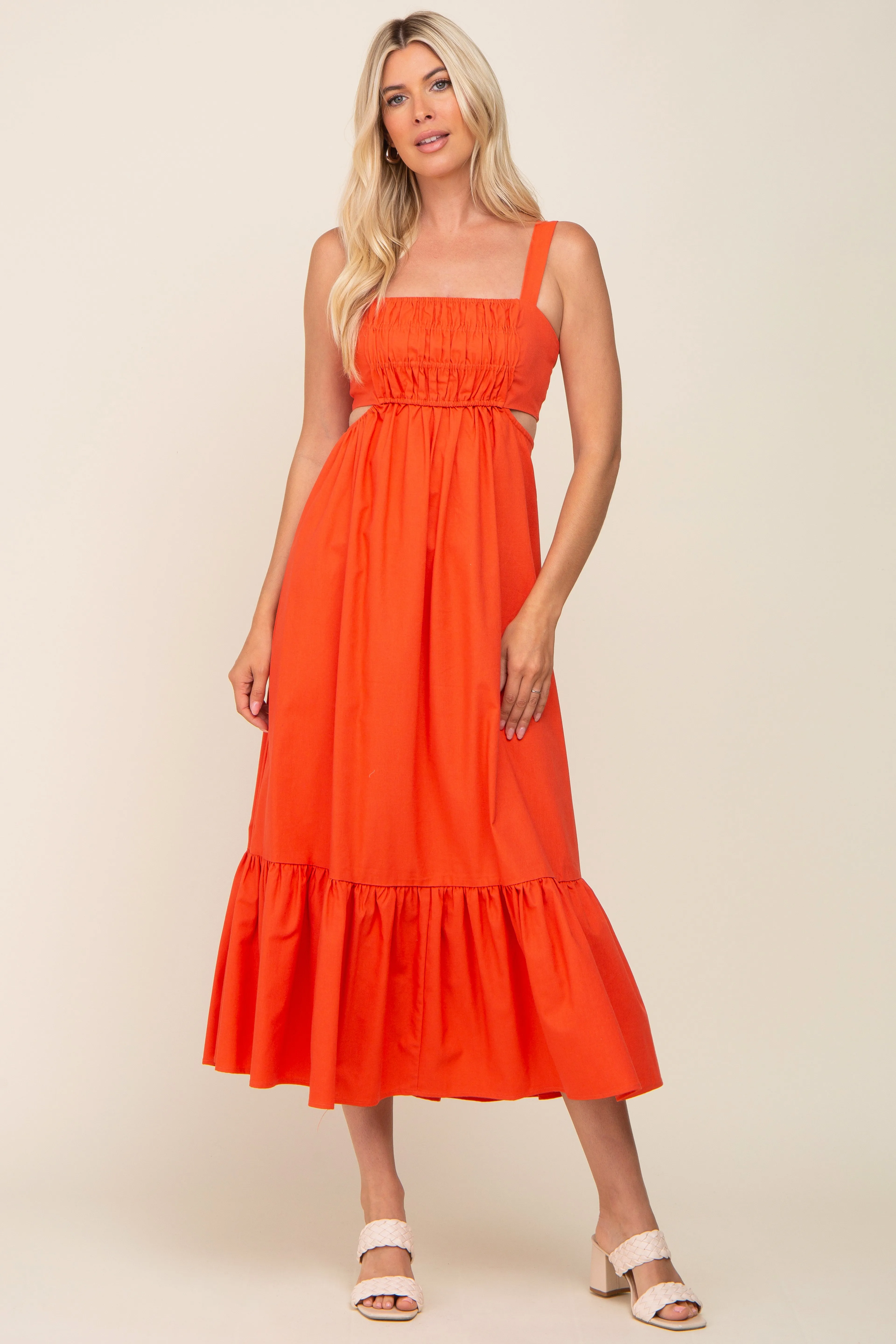 Orange Sleeveless Cutout Ruffle Hem Maxi Dress sold by Pinkblush
