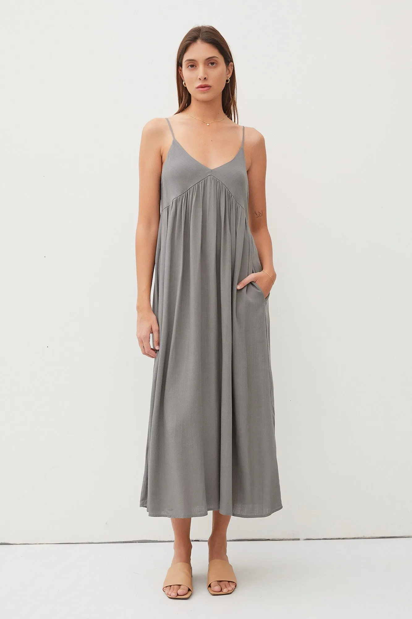 Light Olive V-Neck Sleeveless Midi Dress sold by Pinkblush