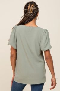 Sage Puff Sleeve V-Neck Top sold by Pinkblush