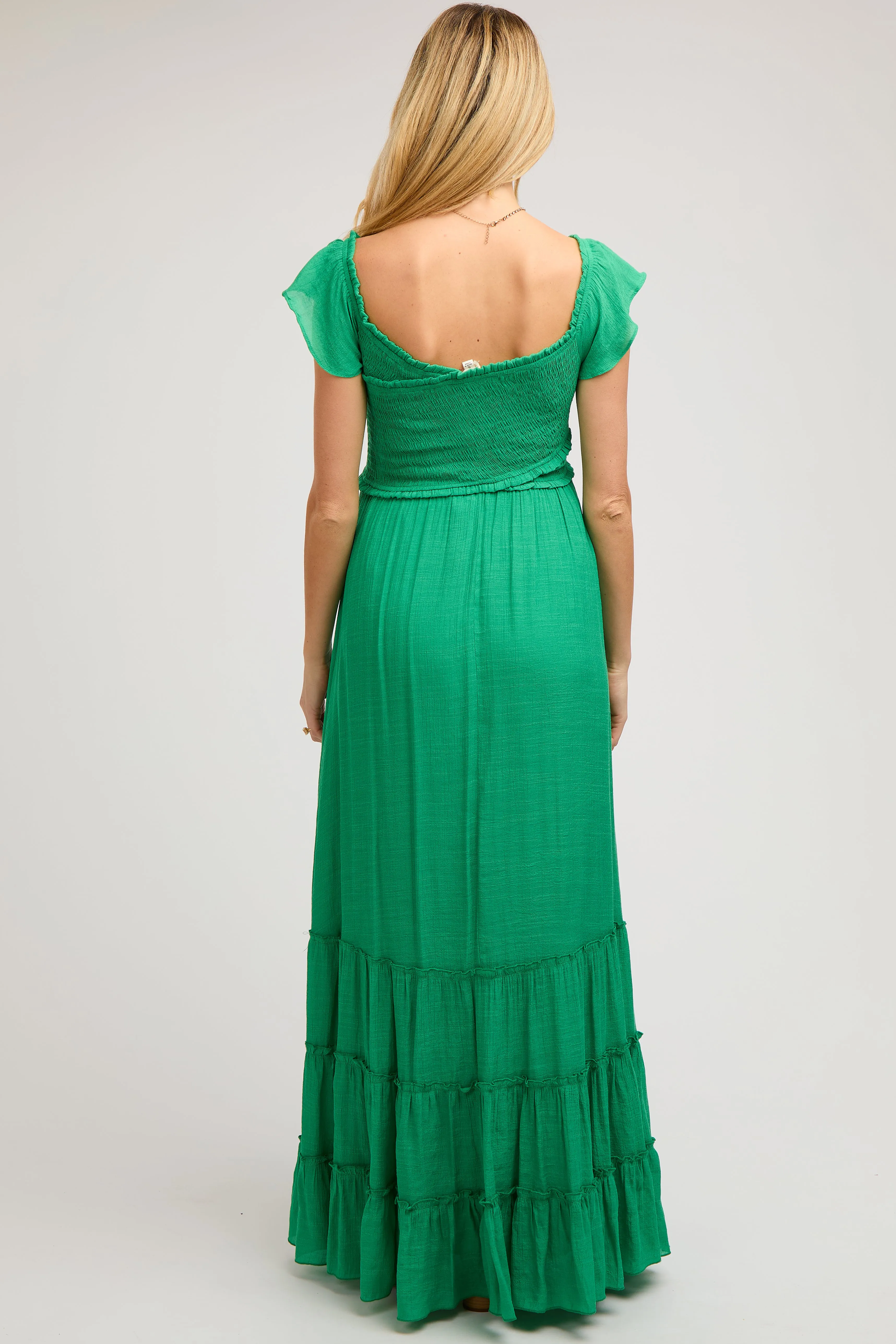 Green Smocked Crossover Off Shoulder Maternity Maxi Dress sold by Pinkblush product image thumbnail 5