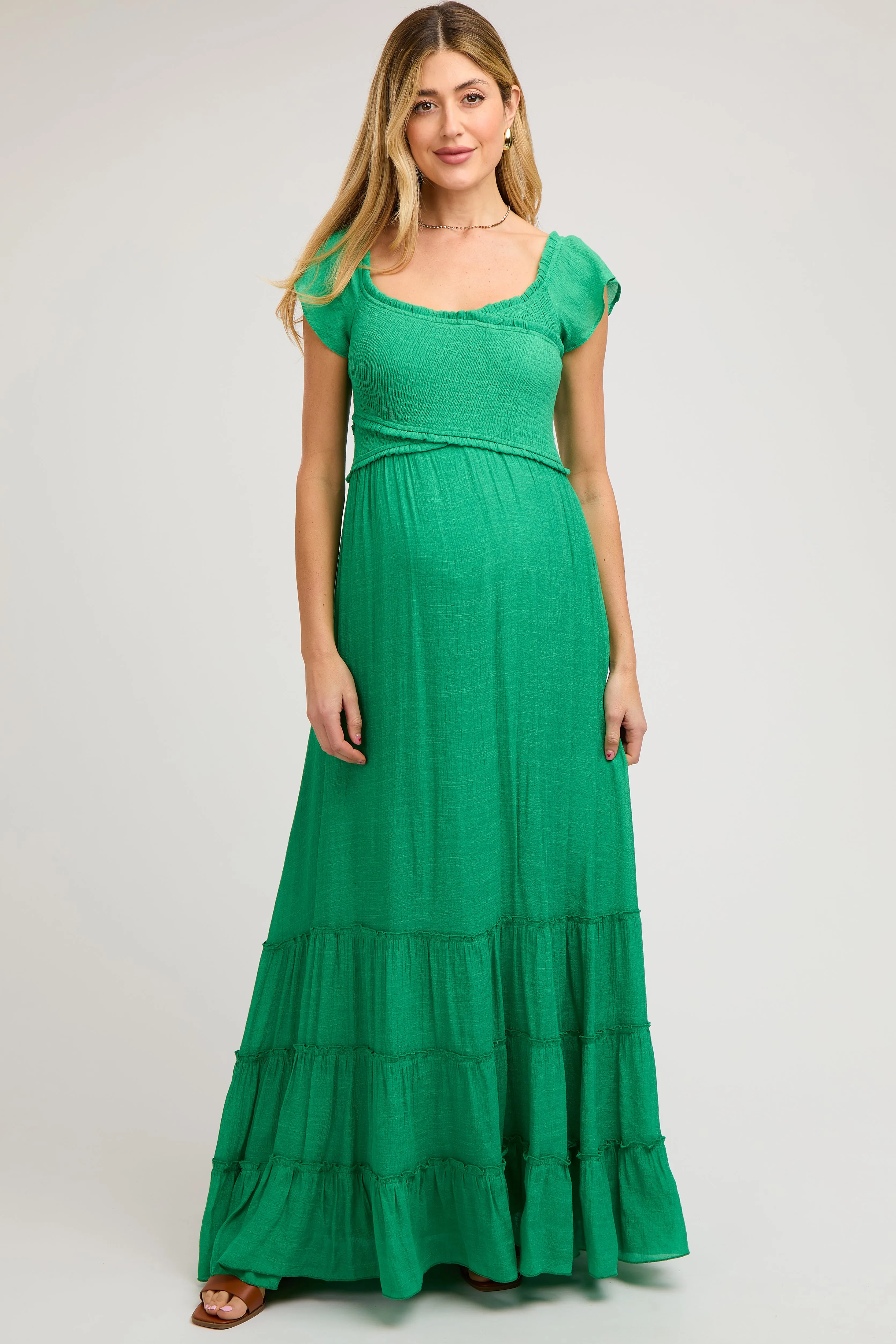 Green Smocked Crossover Off Shoulder Maternity Maxi Dress sold by Pinkblush product image thumbnail 2