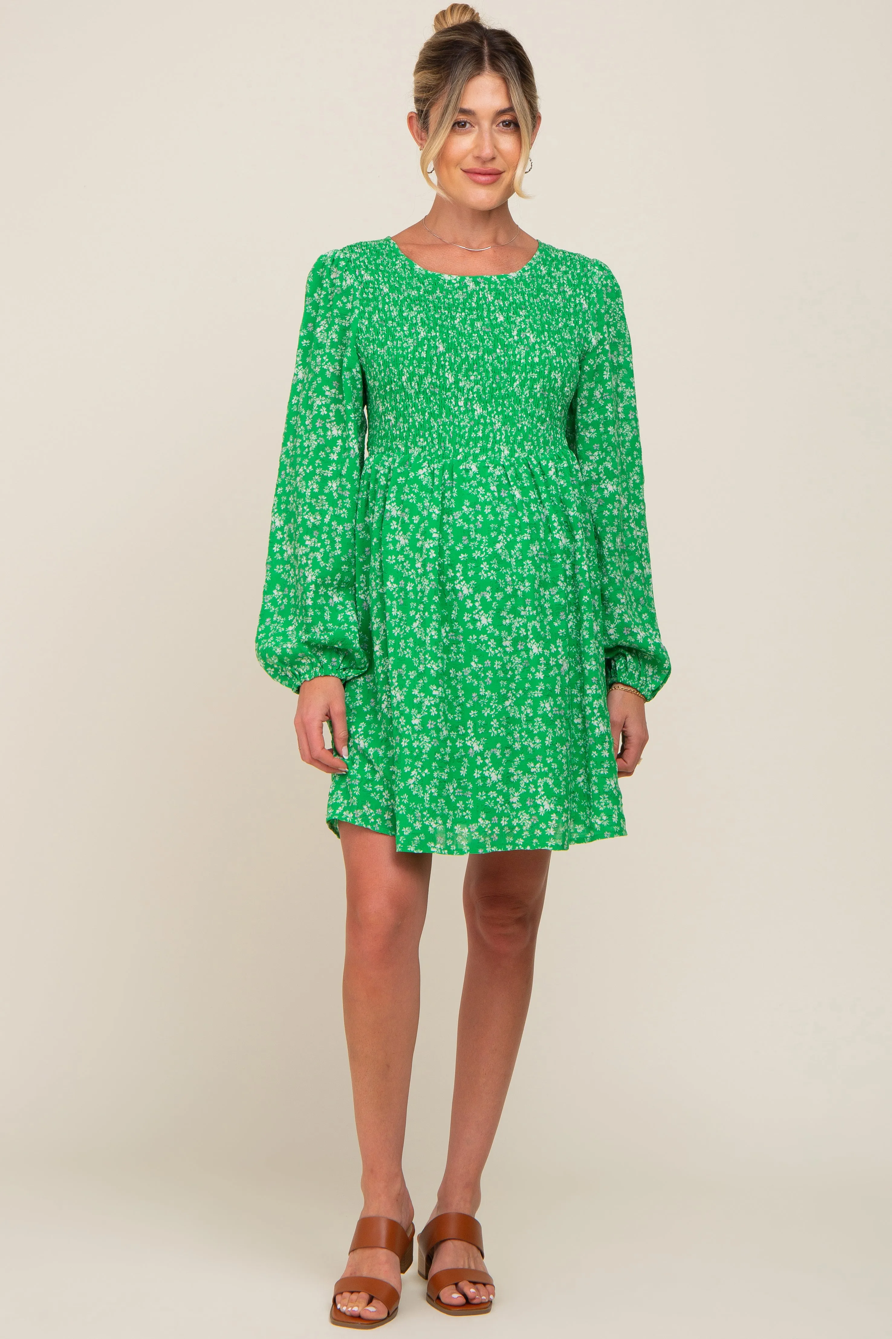 Green Floral Smocked Long Sleeve Maternity Dress sold by Pinkblush product image thumbnail 4