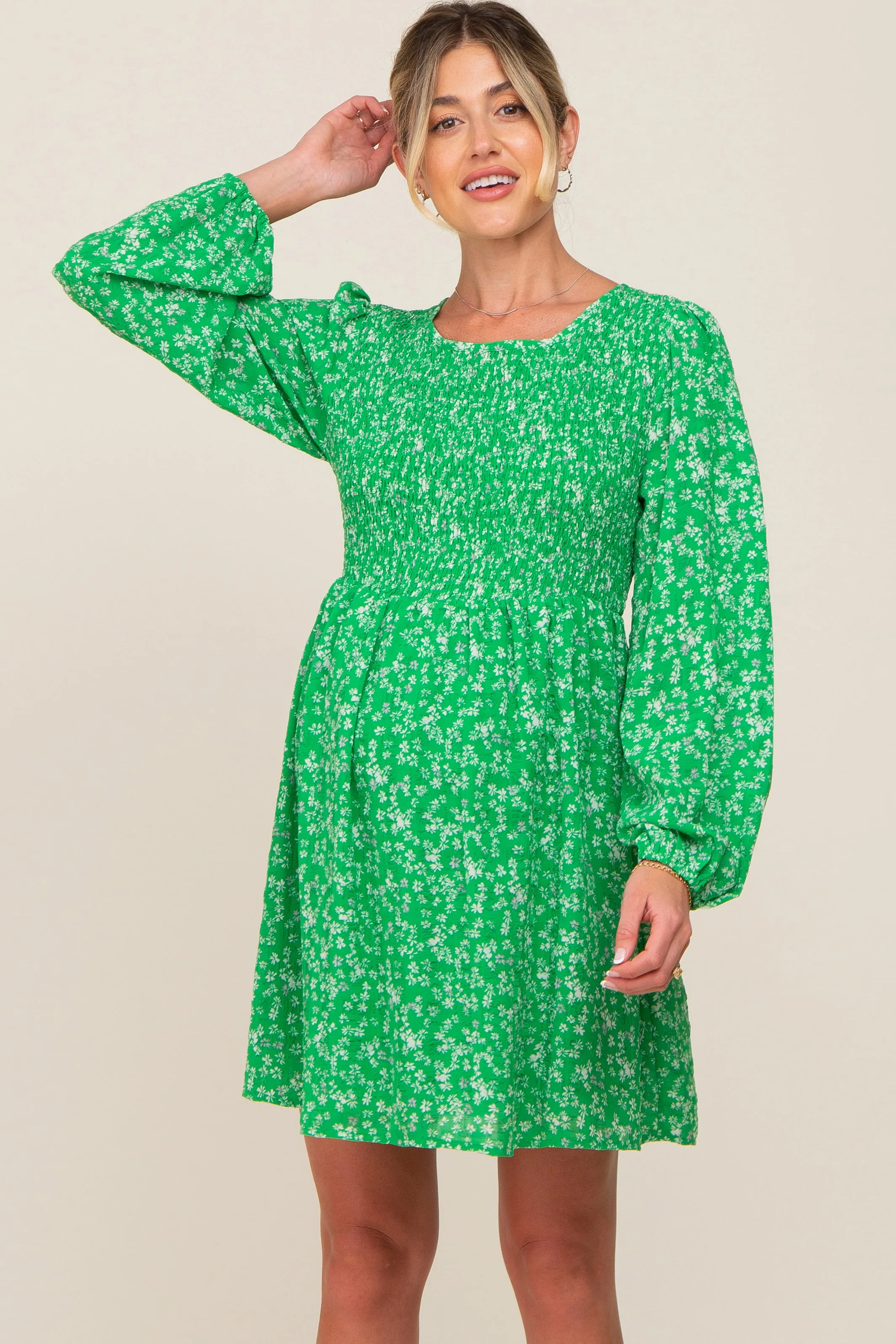 Green Floral Smocked Long Sleeve Maternity Dress sold by Pinkblush