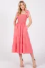 Salmon Smocked Tie Strap Tiered Maternity Midi Dress sold by Pinkblush