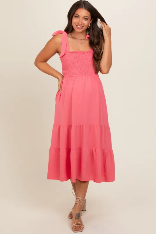 Salmon Smocked Tie Strap Tiered Maternity Midi Dress sold by Pinkblush