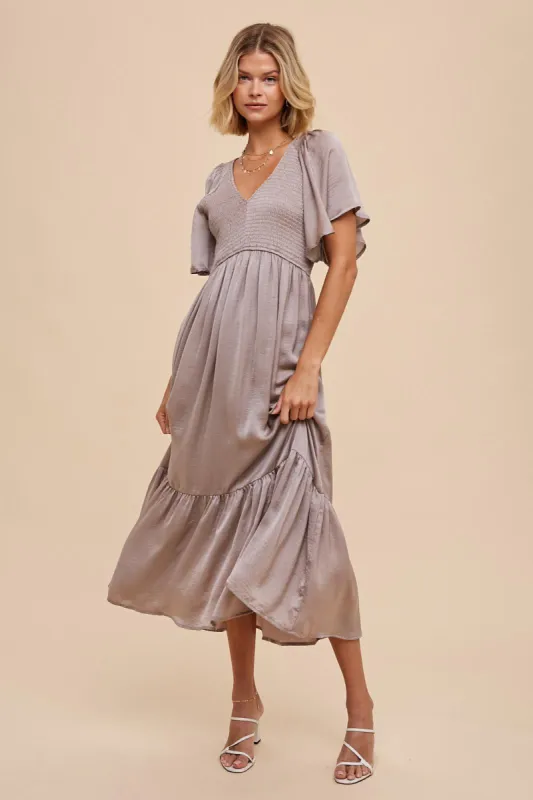 Taupe Satin Smocked Midi Dress sold by Pinkblush
