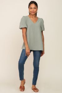 Sage Puff Sleeve V-Neck Top sold by Pinkblush