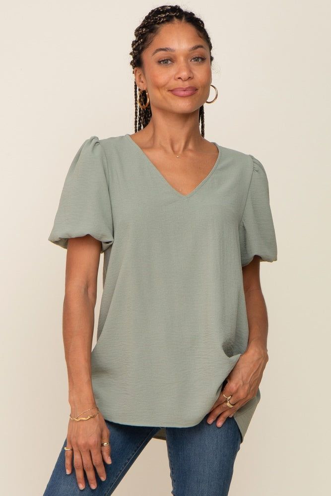 Sage Puff Sleeve V-Neck Top sold by Pinkblush