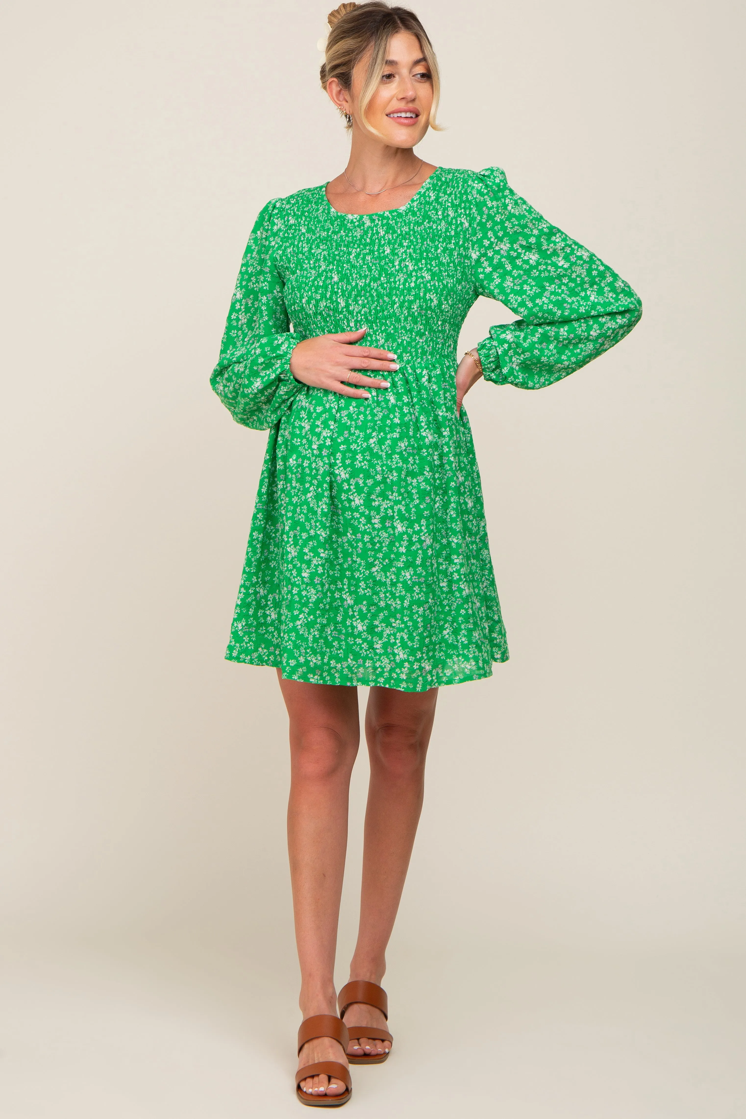 Green Floral Smocked Long Sleeve Maternity Dress sold by Pinkblush product image thumbnail 5