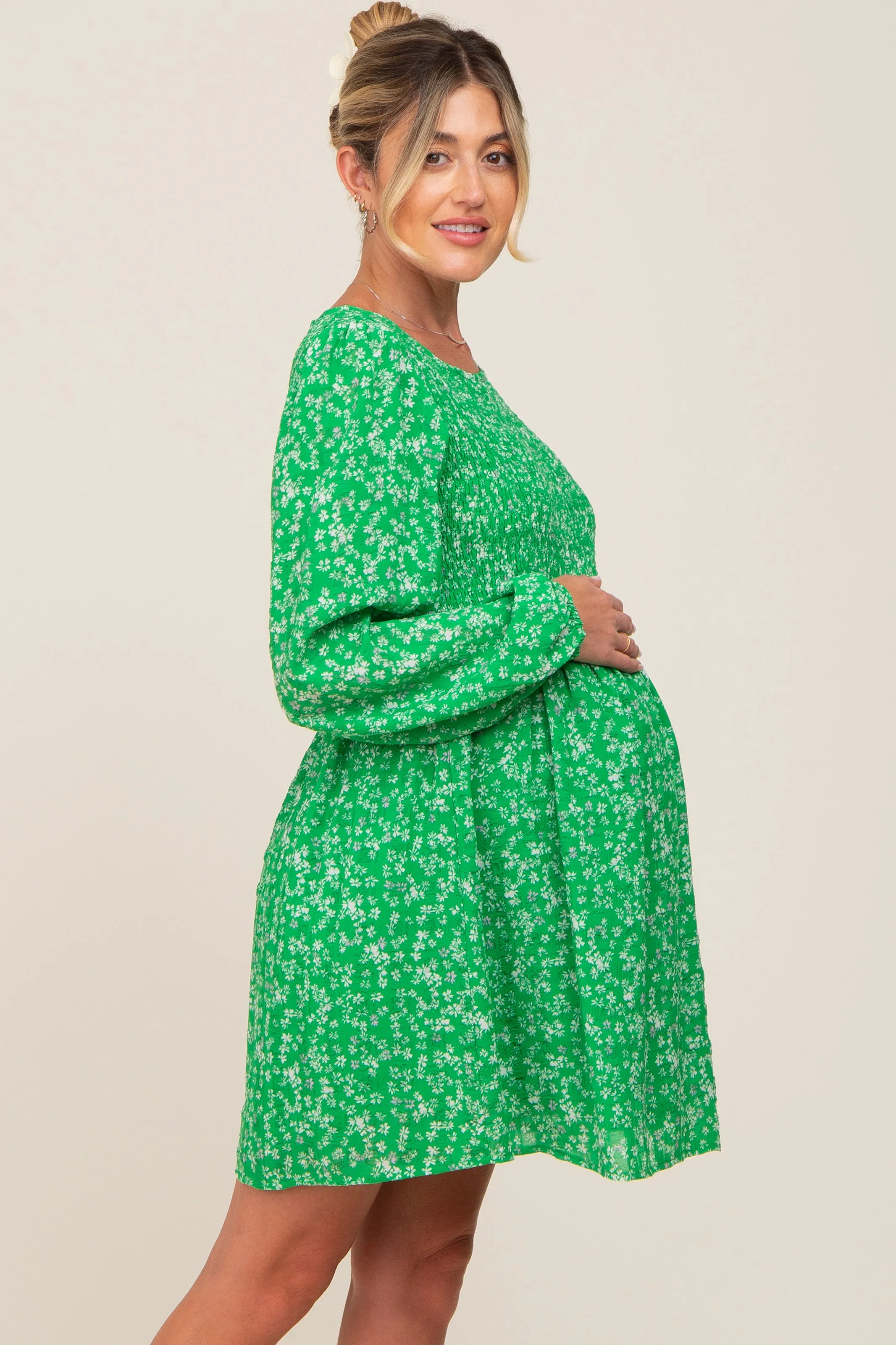 Green Floral Smocked Long Sleeve Maternity Dress sold by Pinkblush product image thumbnail 2