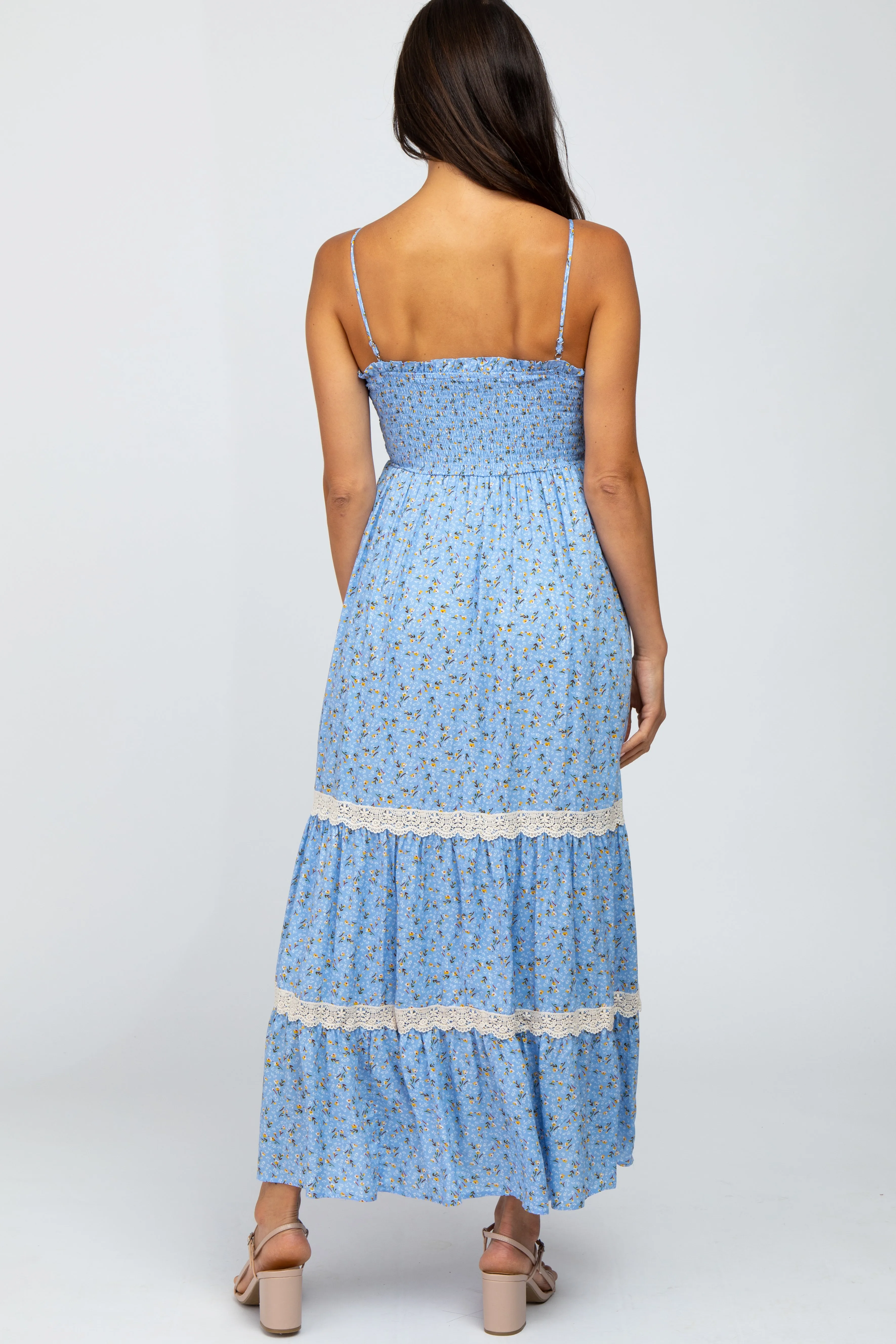 Light Blue Floral Smocked Crochet Accent Maxi Dress sold by Pinkblush product image thumbnail 3