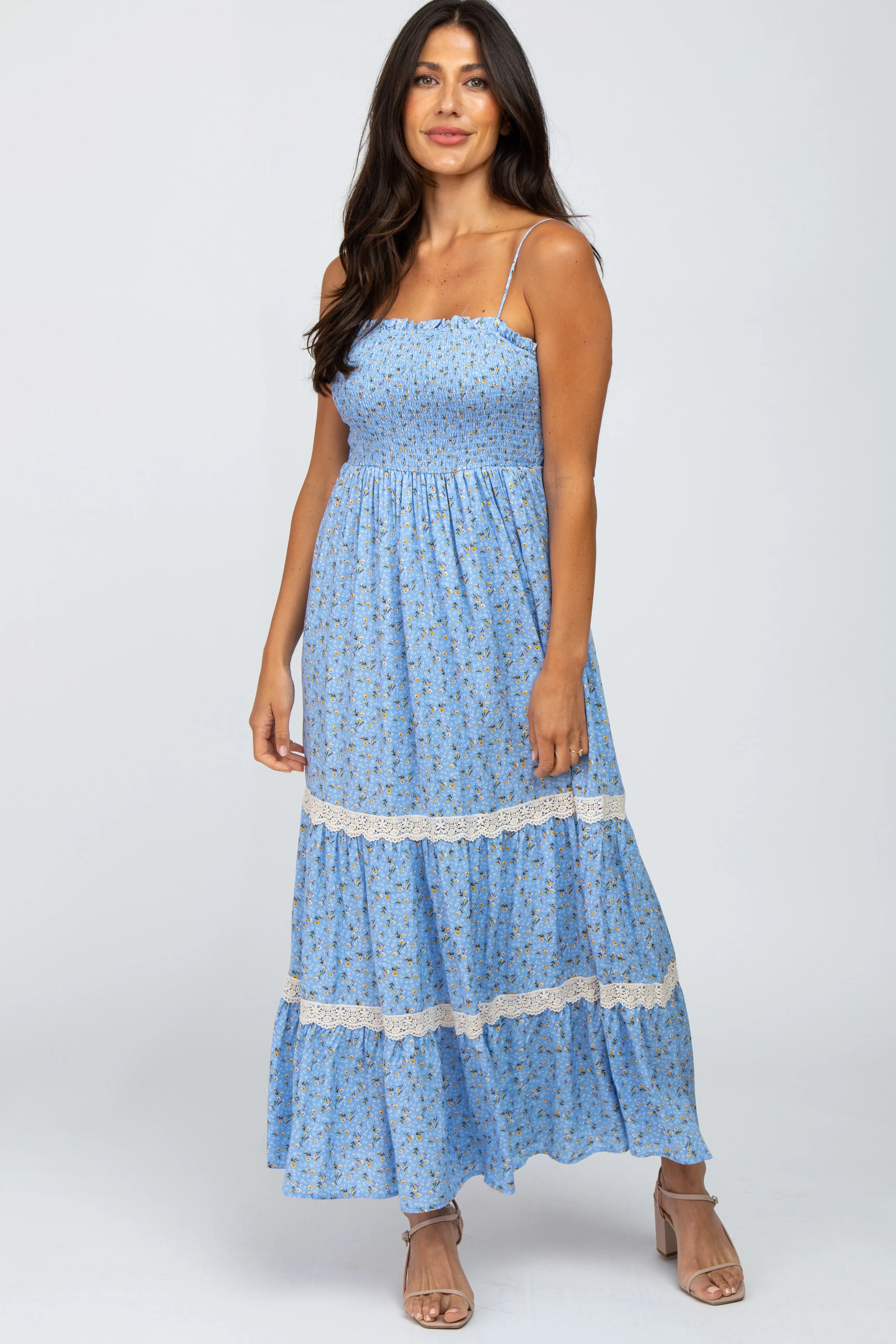 Light Blue Floral Smocked Crochet Accent Maxi Dress sold by Pinkblush