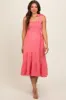 Salmon Smocked Tie Strap Tiered Maternity Midi Dress sold by Pinkblush