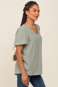 Sage Puff Sleeve V-Neck Top sold by Pinkblush