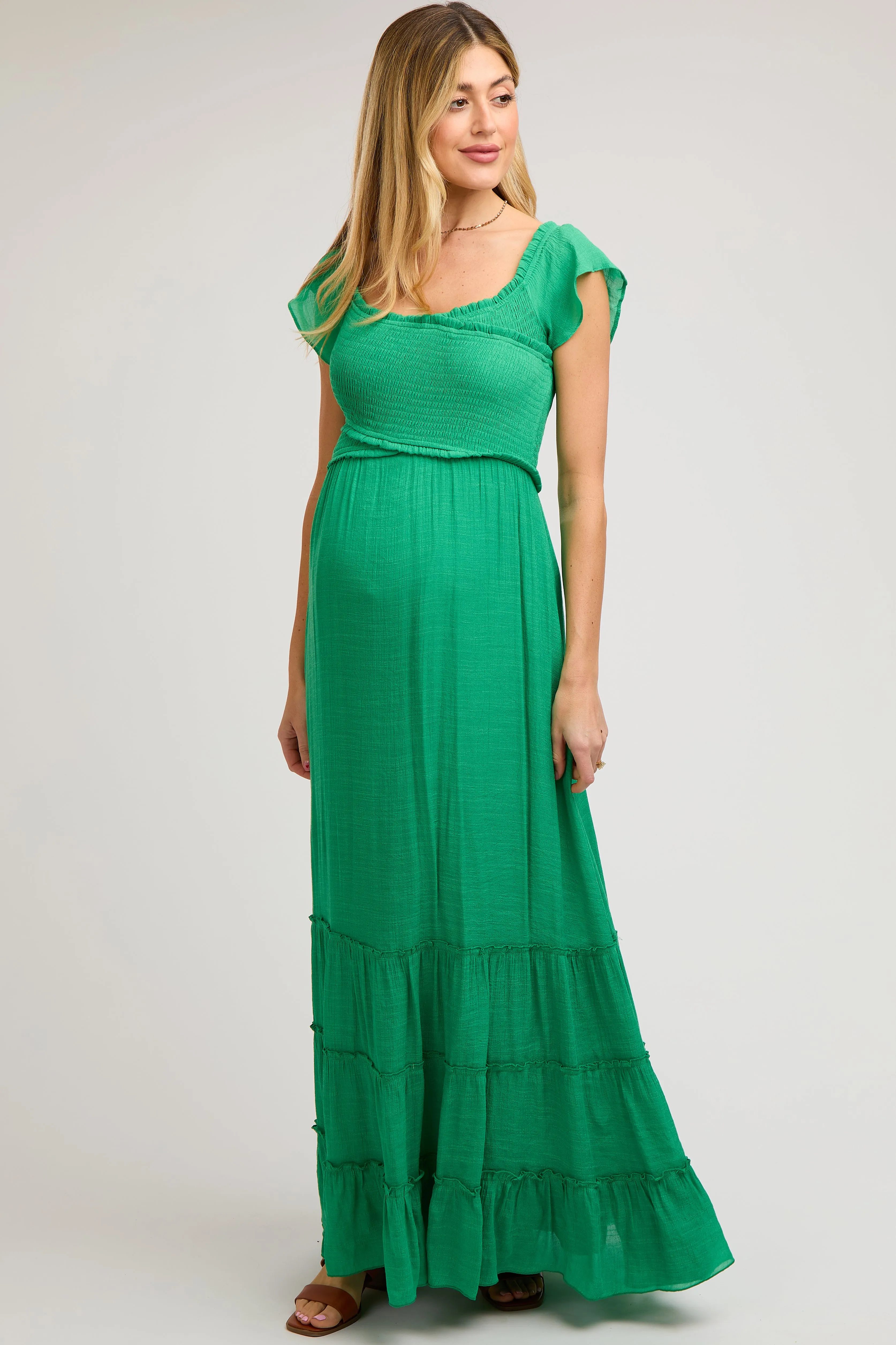 Green Smocked Crossover Off Shoulder Maternity Maxi Dress sold by Pinkblush product image thumbnail 4