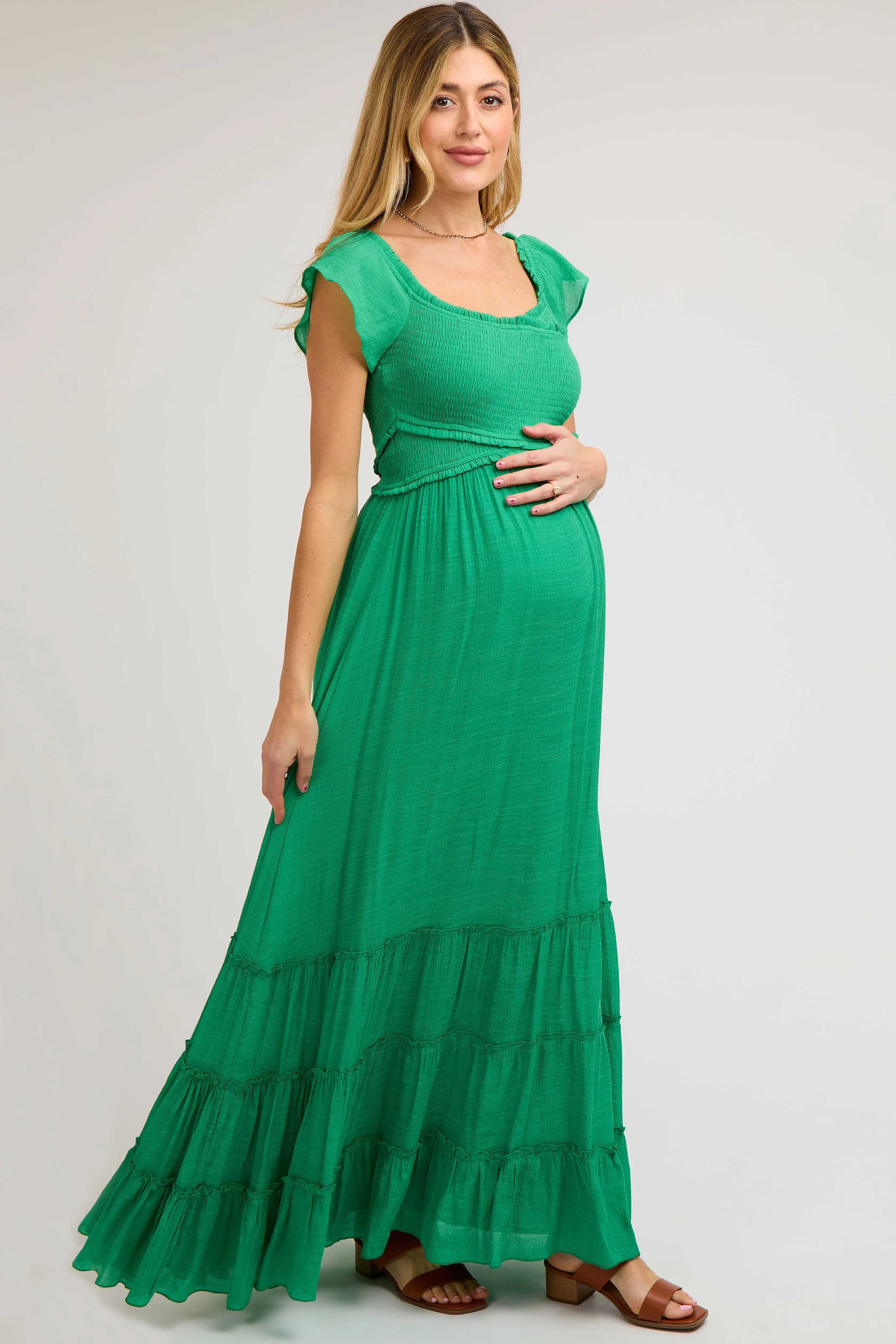 Green Smocked Crossover Off Shoulder Maternity Maxi Dress sold by Pinkblush