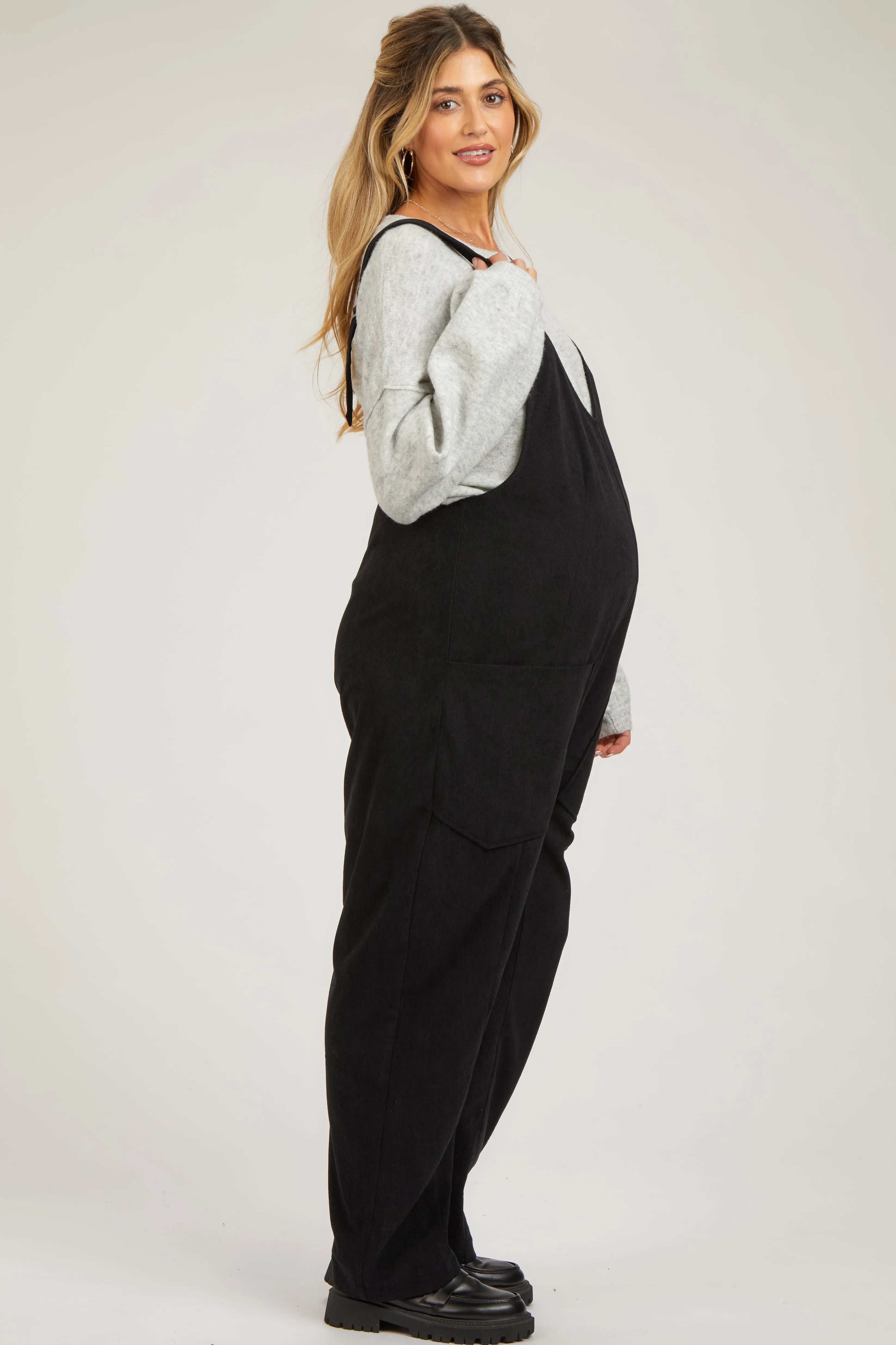 Black Corduroy Wide Leg Maternity Overalls sold by Pinkblush product image thumbnail 2