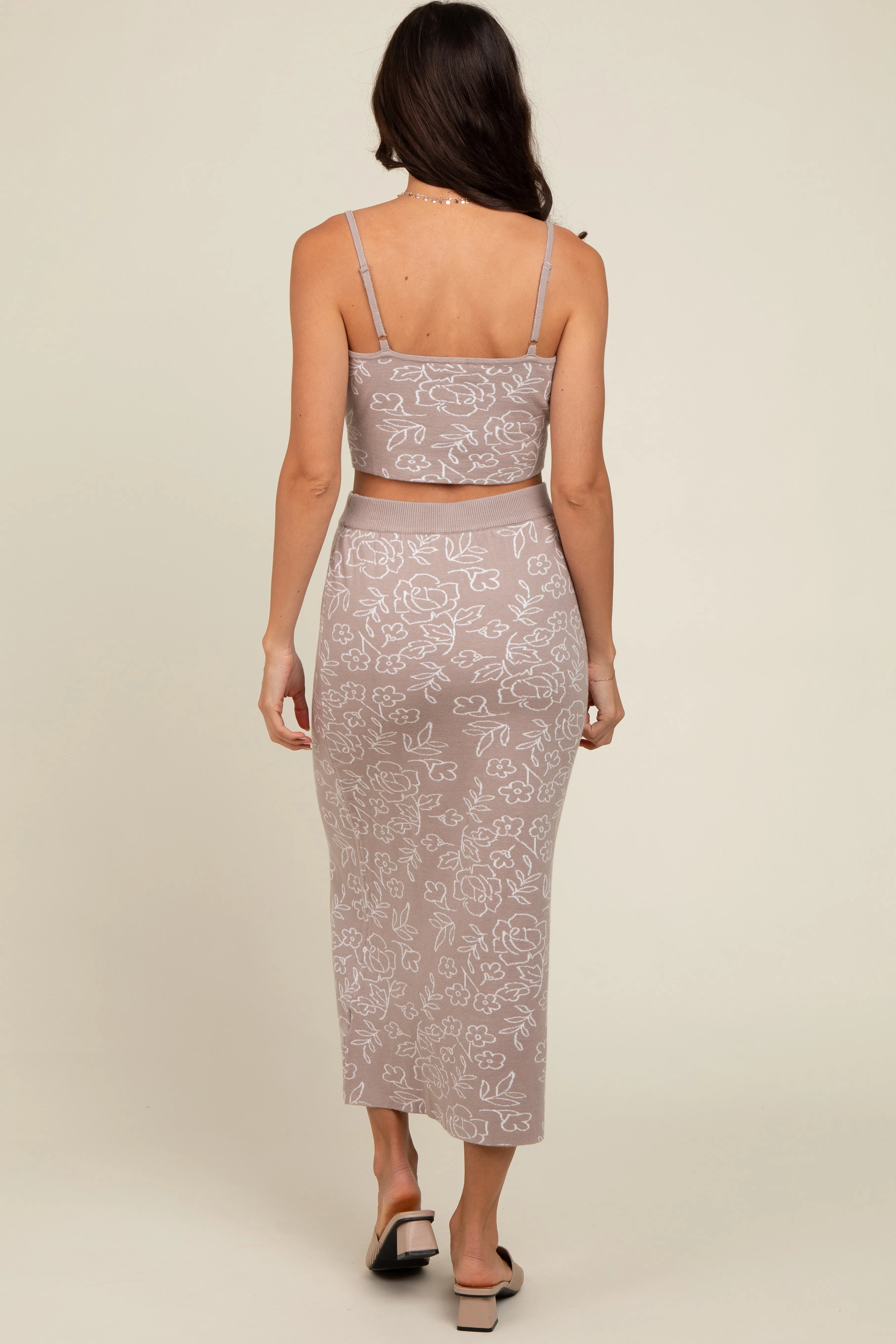 Light Taupe Floral Knit Crop Top and Midi Skirt Set sold by Pinkblush product image thumbnail 3