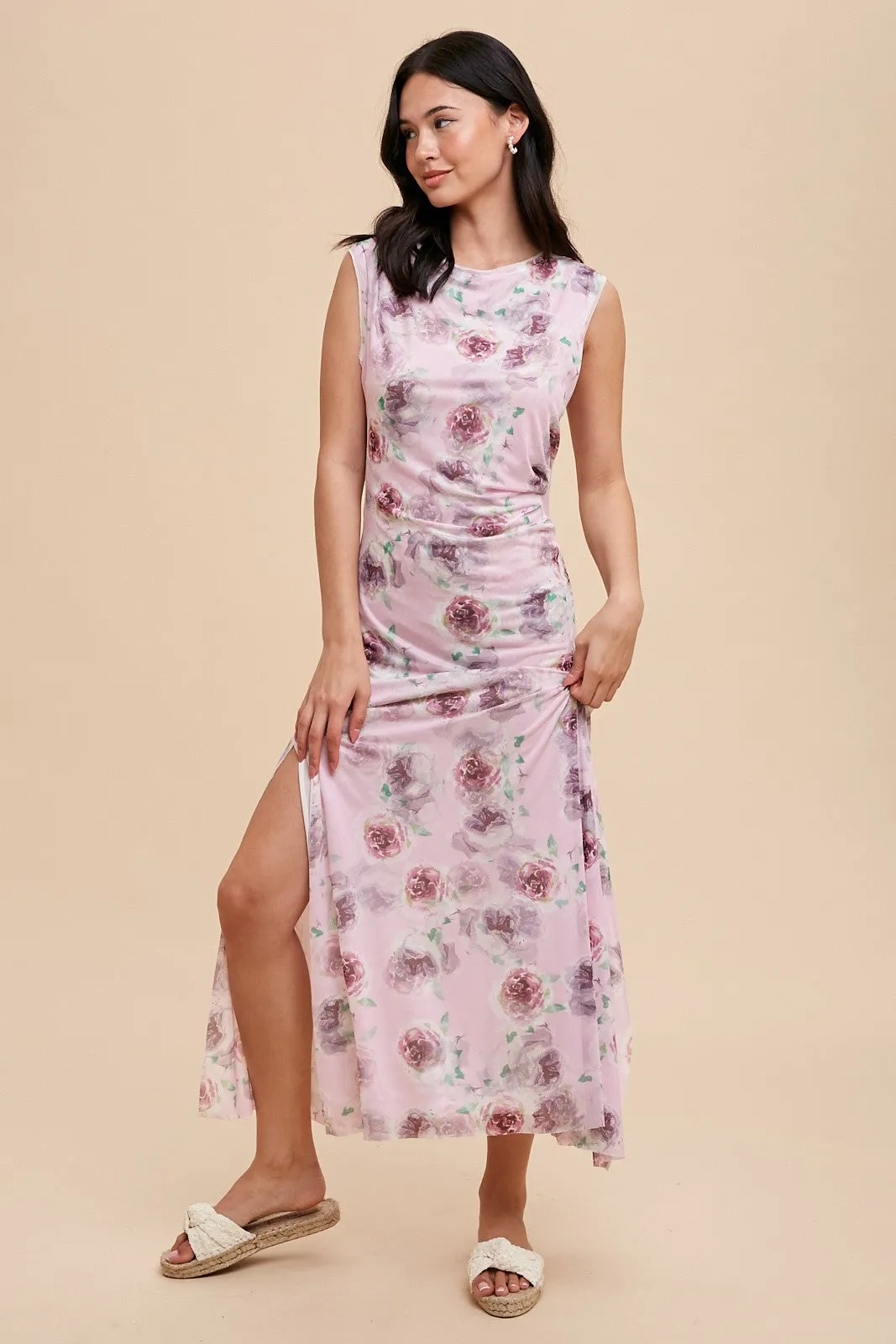 Lavender Rose Print Ruched Mesh Maternity Dress sold by Pinkblush product image thumbnail 3