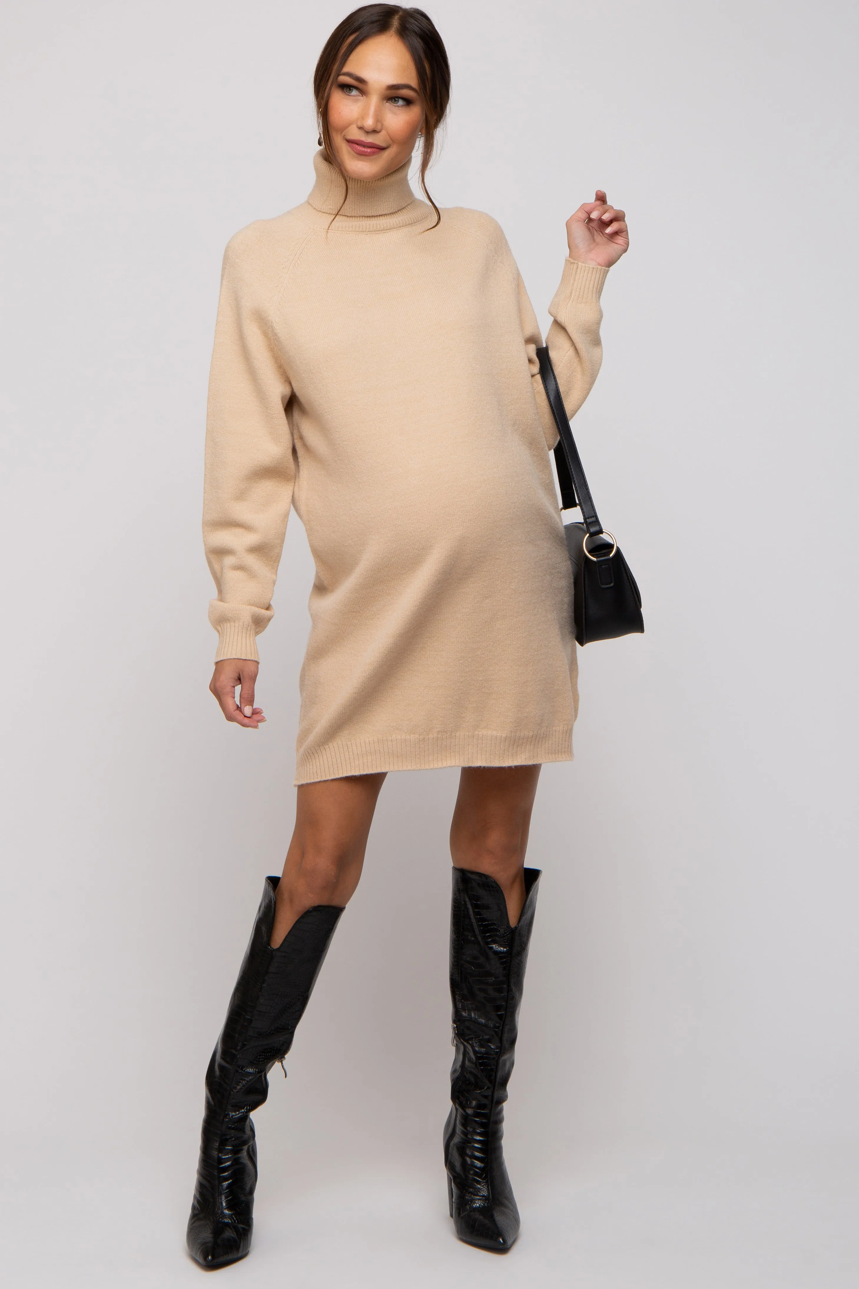 Beige Knit Long Sleeve Turtleneck Maternity Sweater Dress sold by Pinkblush