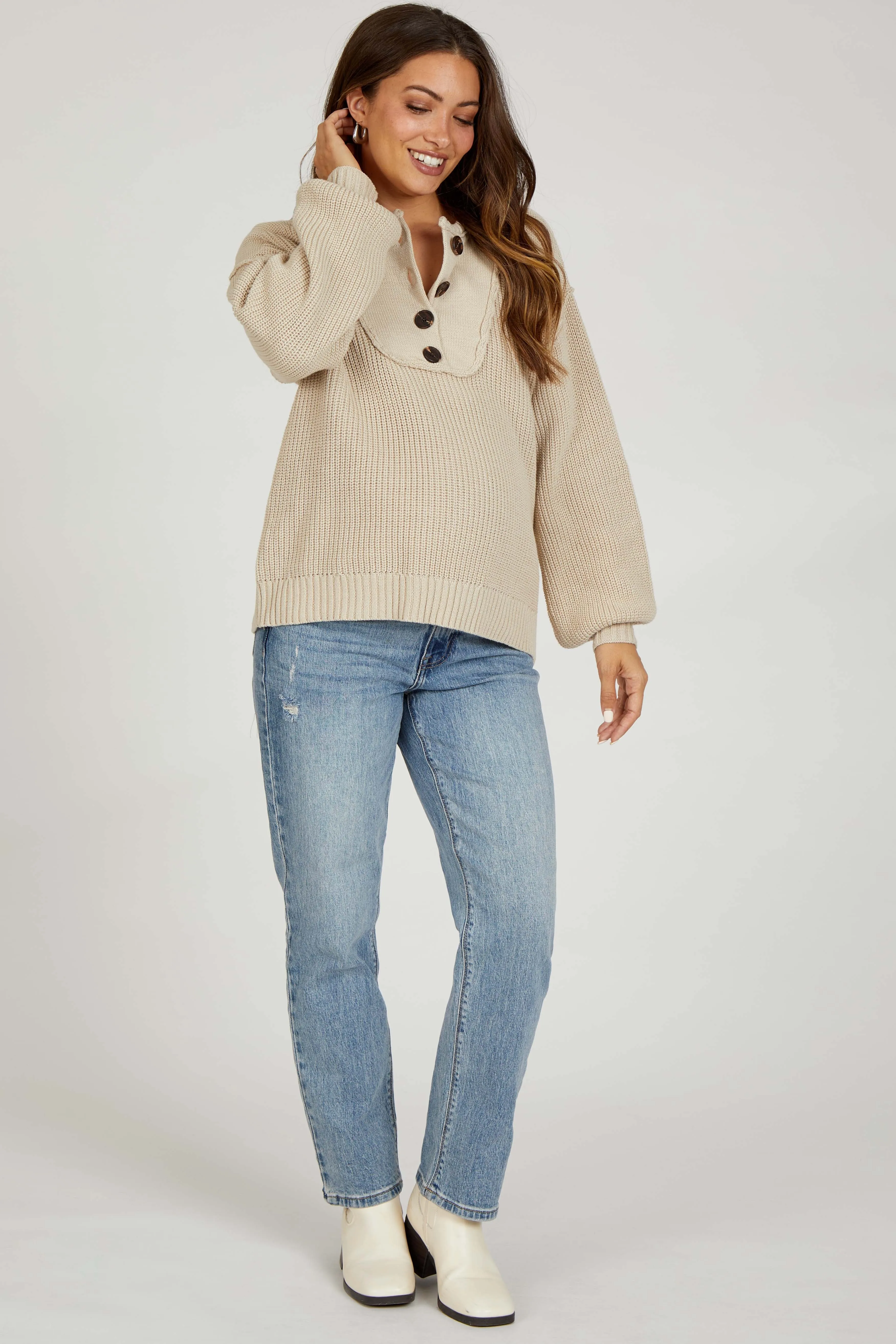 Beige Front Button Knit Maternity Sweater sold by Pinkblush product image thumbnail 4