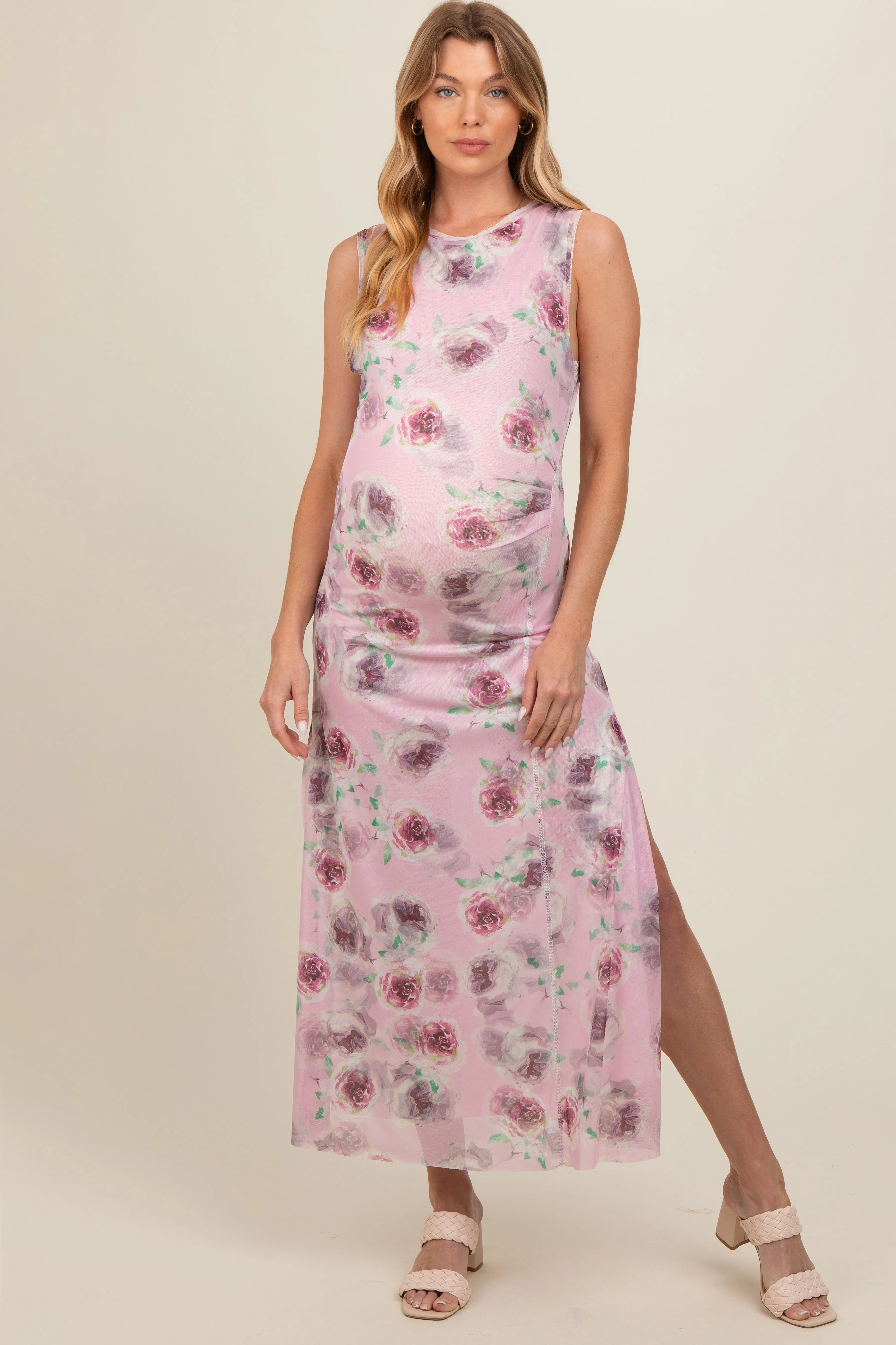 Lavender Rose Print Ruched Mesh Maternity Dress sold by Pinkblush