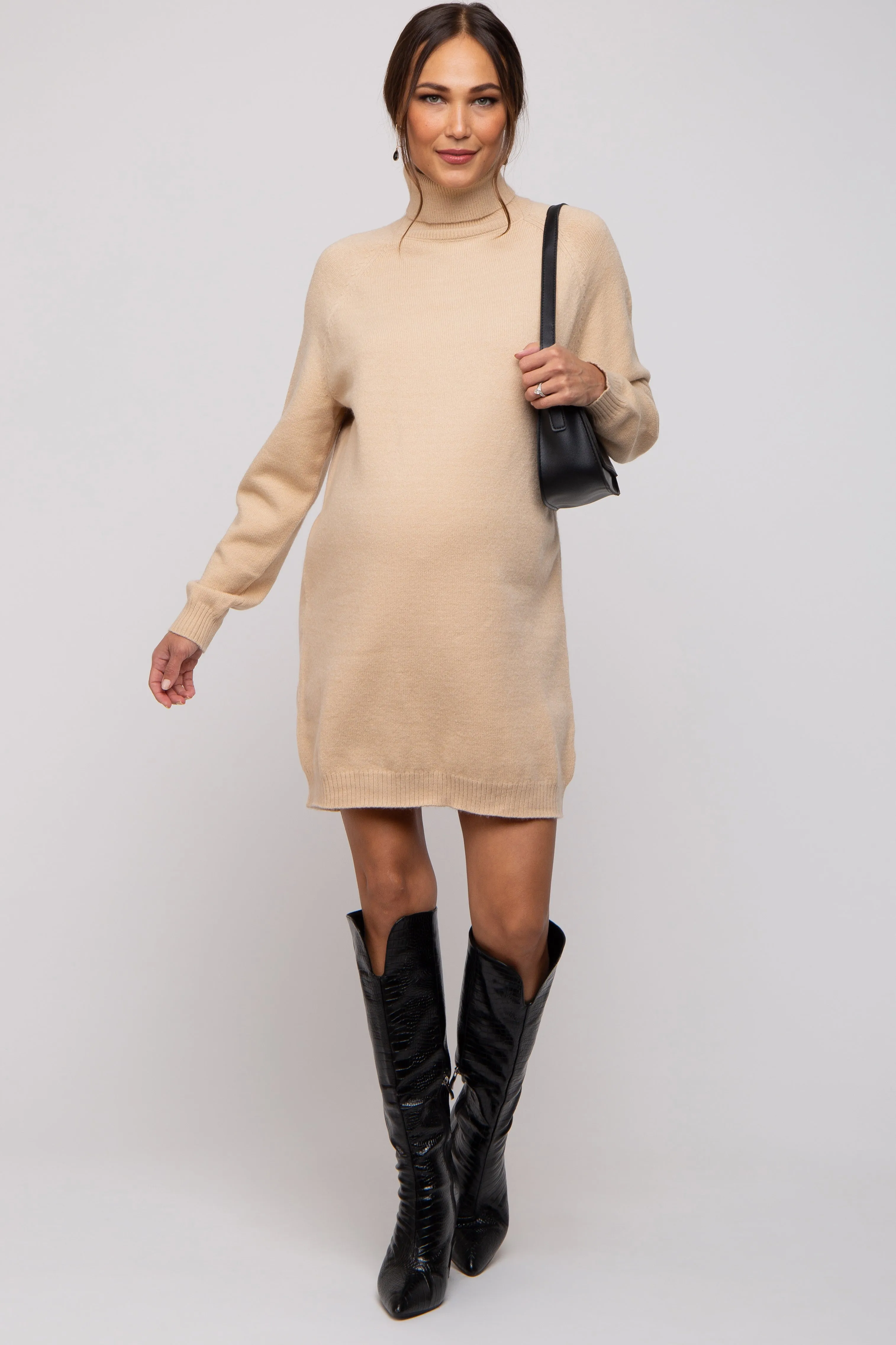 Beige Knit Long Sleeve Turtleneck Maternity Sweater Dress sold by Pinkblush product image thumbnail 5