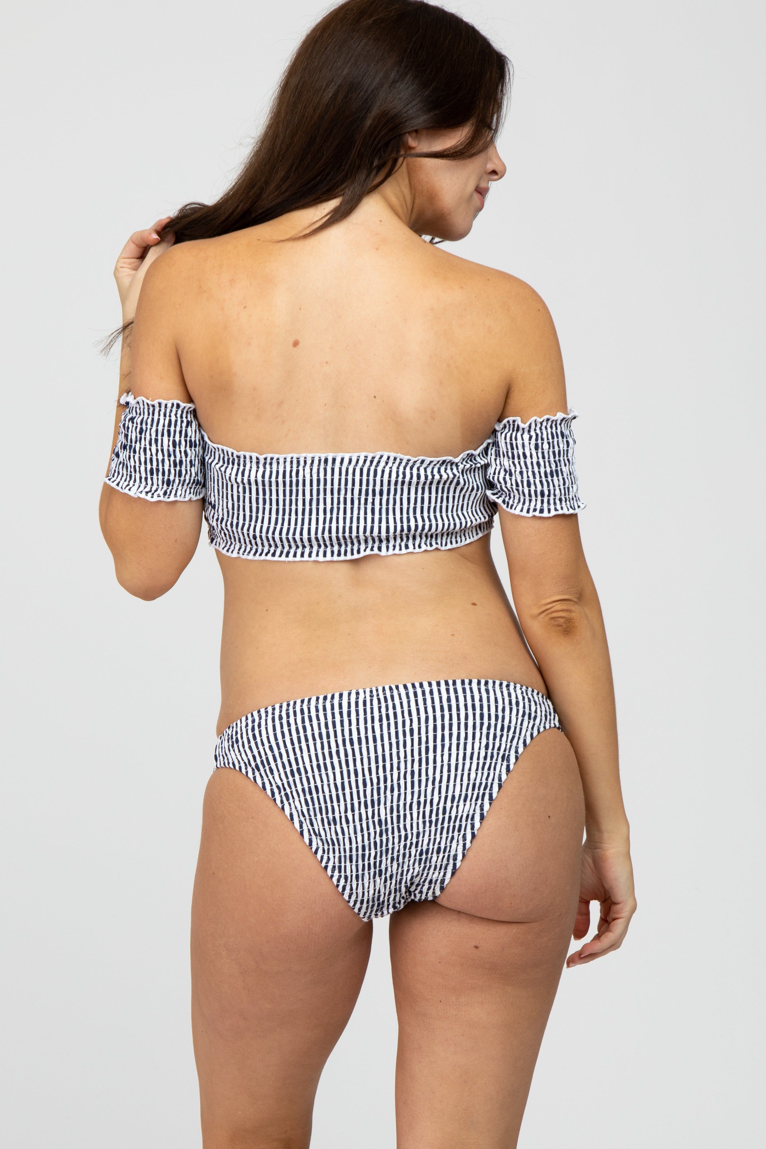 Navy Striped Off Shoulder Bikini Maternity Swim Set sold by Pinkblush product image thumbnail 4