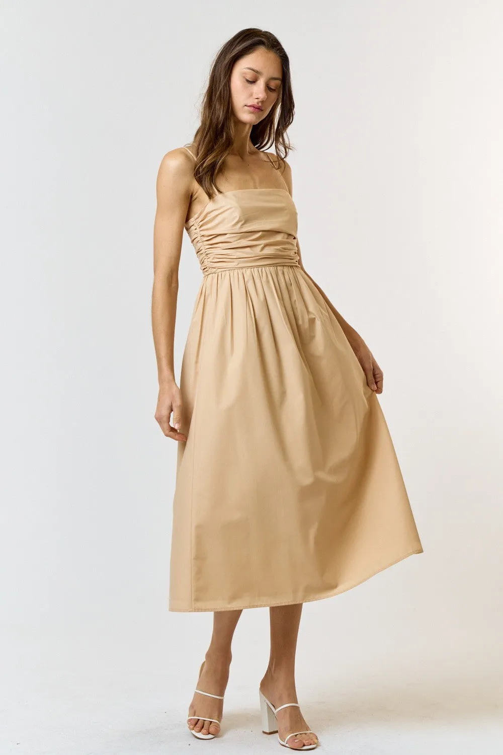 Beige Ruched Midi Dress sold by Pinkblush