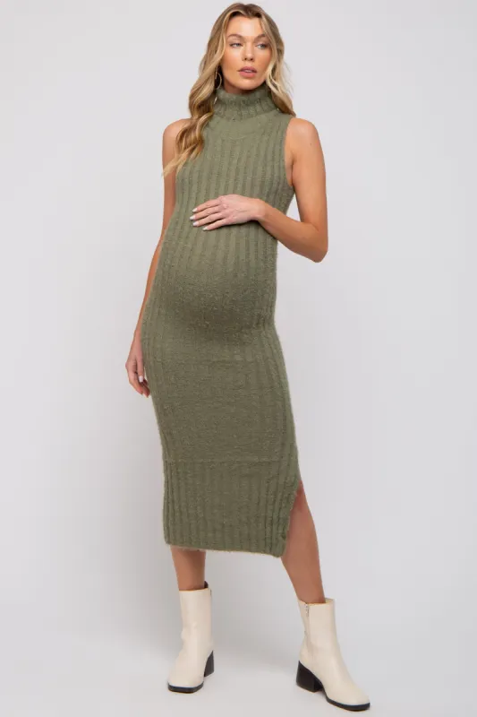 Olive Fuzzy Knit Sleeveless Turtle Neck Maternity Midi Dress sold by Pinkblush