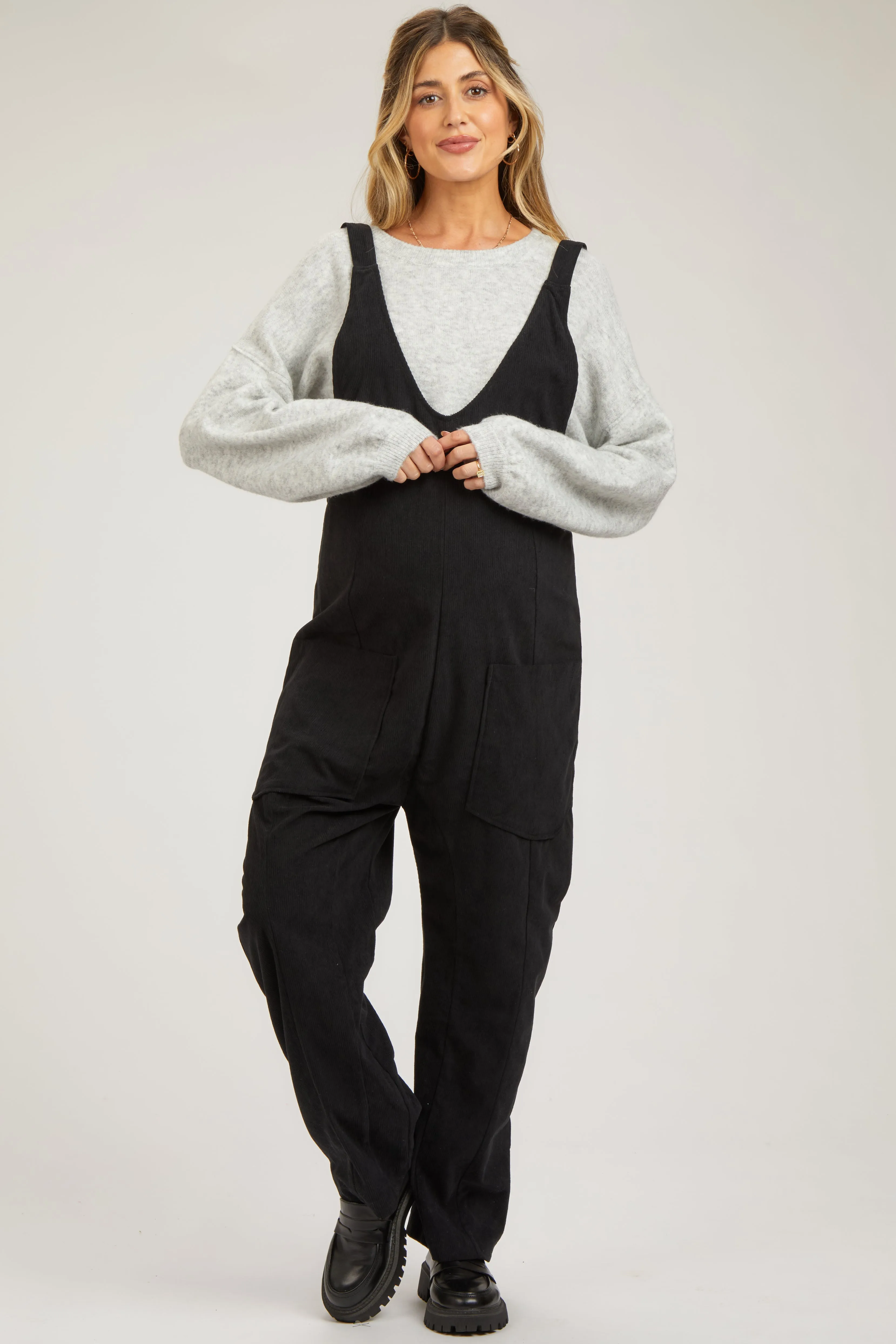 Black Corduroy Wide Leg Maternity Overalls sold by Pinkblush