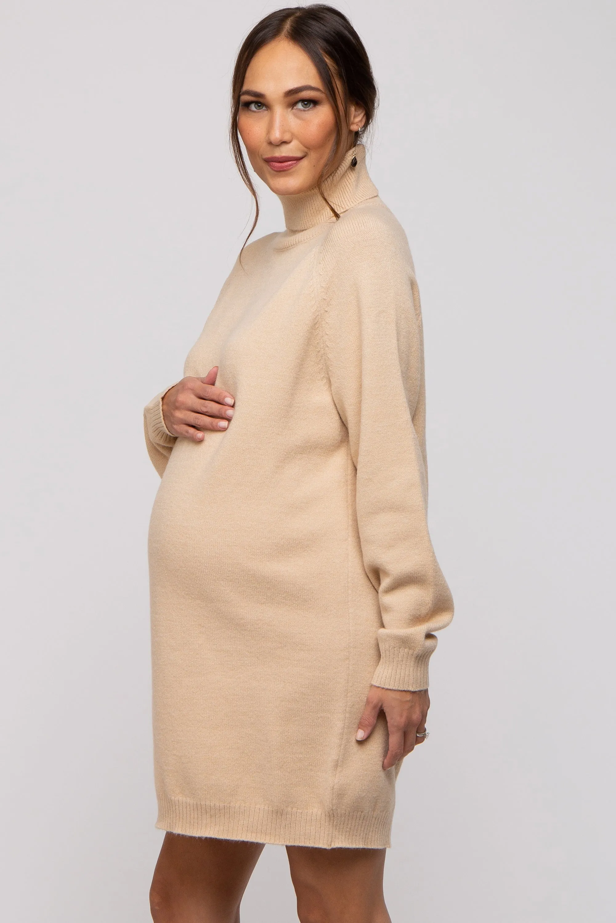 Beige Knit Long Sleeve Turtleneck Maternity Sweater Dress sold by Pinkblush product image thumbnail 3