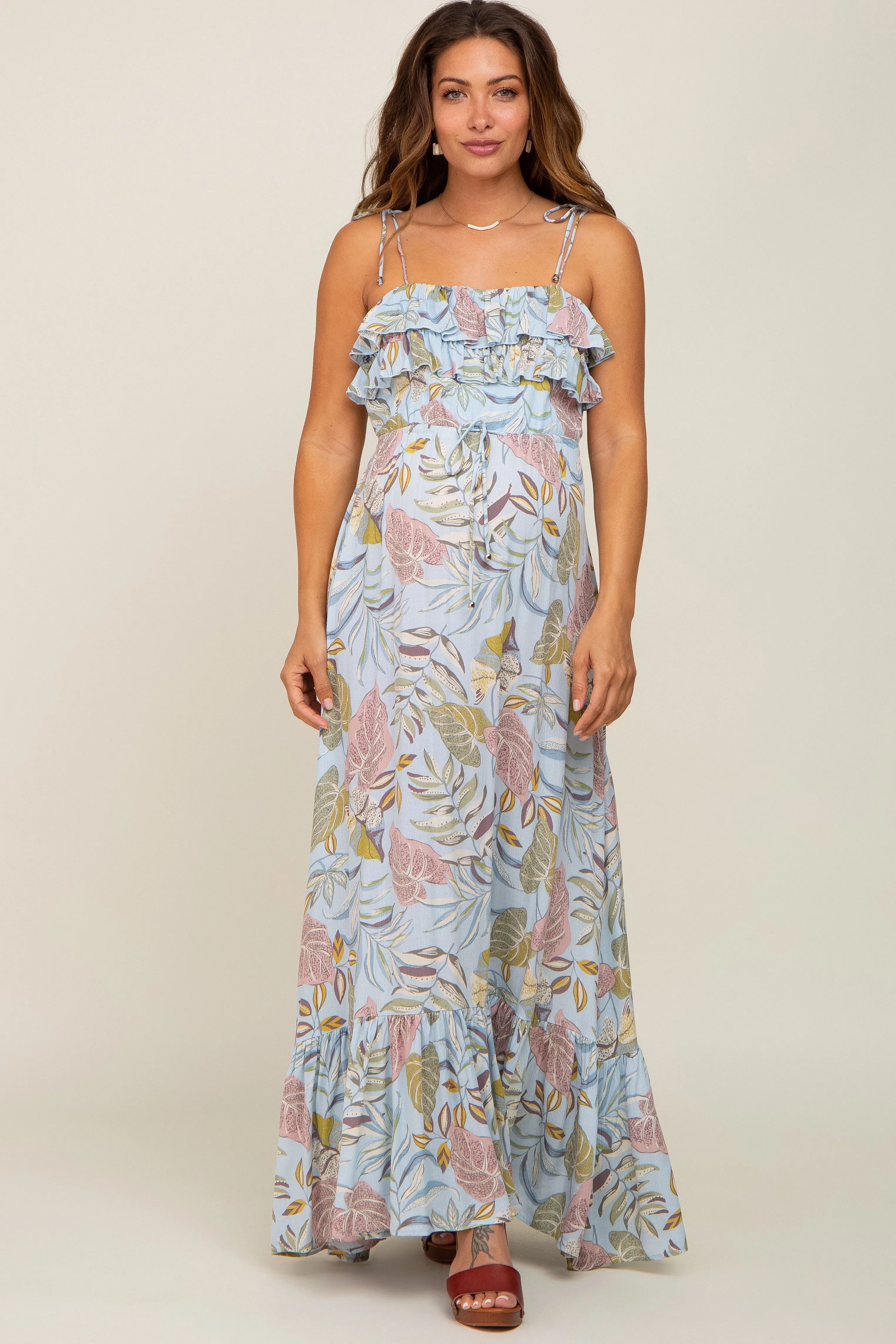 Blue Floral Ruffle Top Back Cutout Maternity Maxi Dress sold by Pinkblush product image thumbnail 4