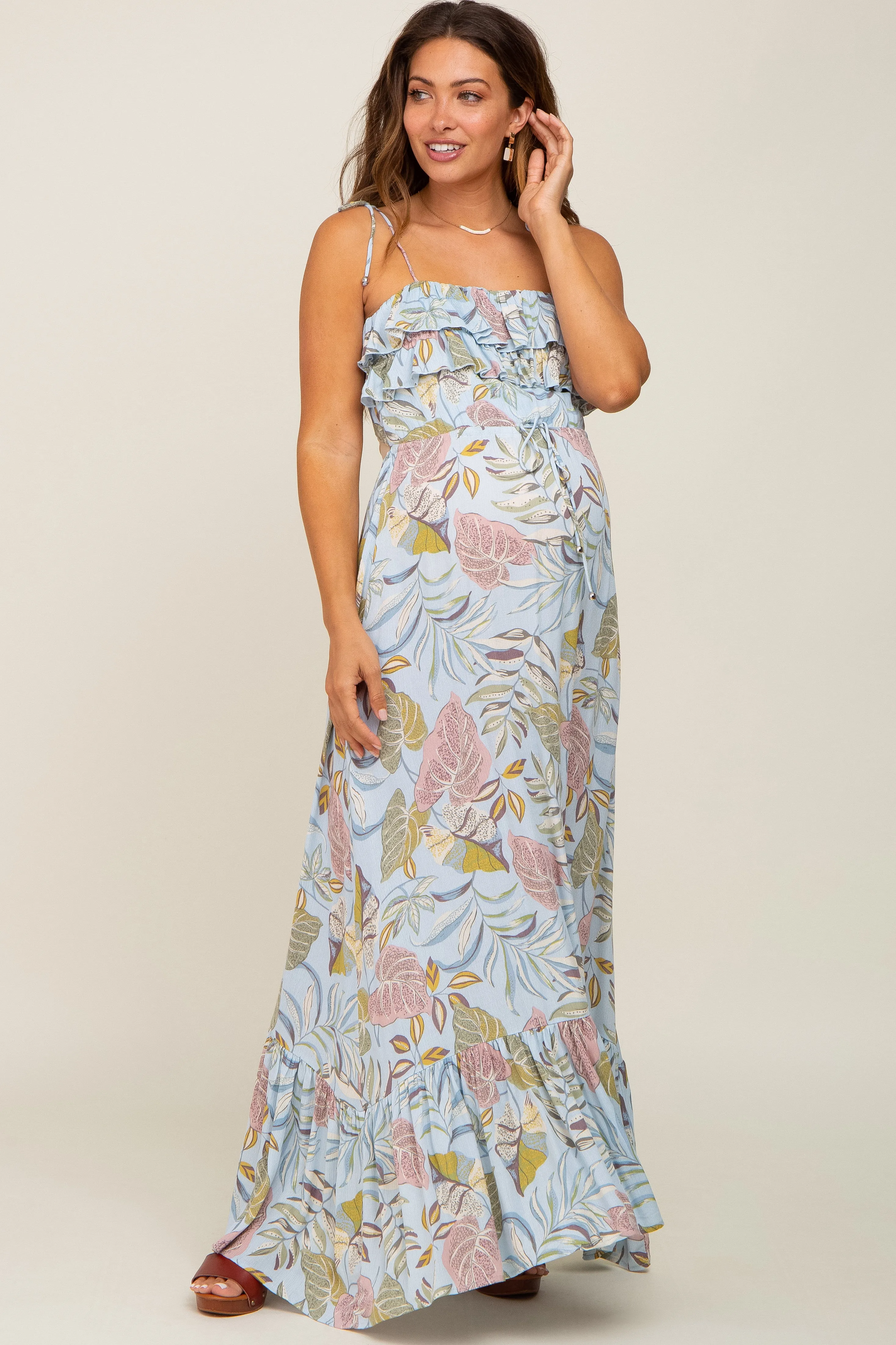 Blue Floral Ruffle Top Back Cutout Maternity Maxi Dress sold by Pinkblush