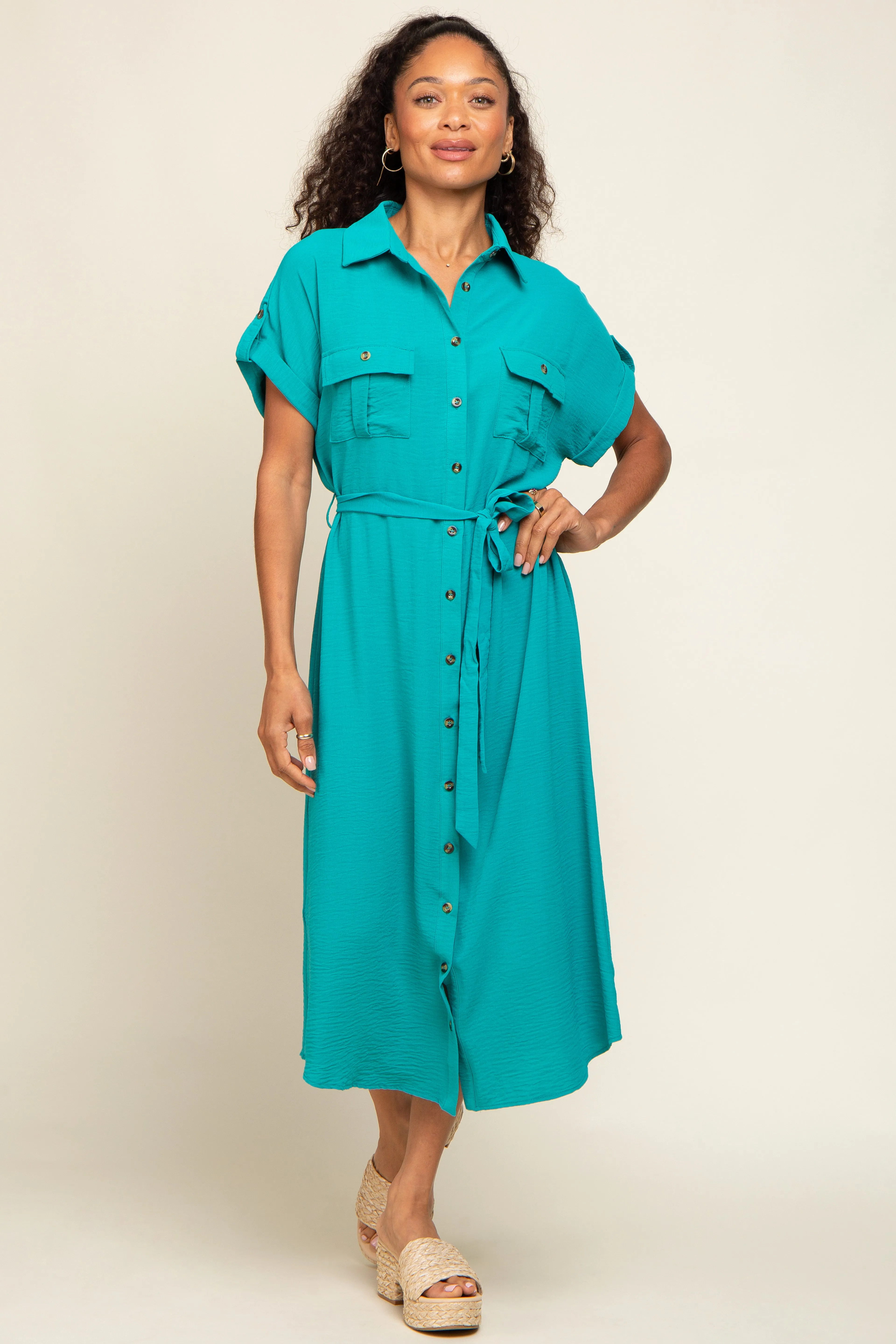 Emerald Green Button Up Front Pocket Midi Dress sold by Pinkblush product image thumbnail 4