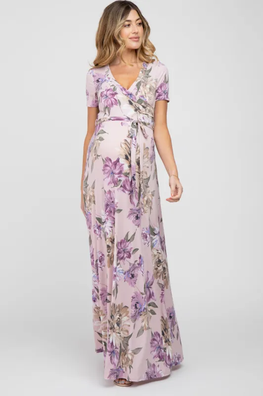 Lavender Floral Waist Tie Wrap Maternity Maxi Dress sold by Pinkblush