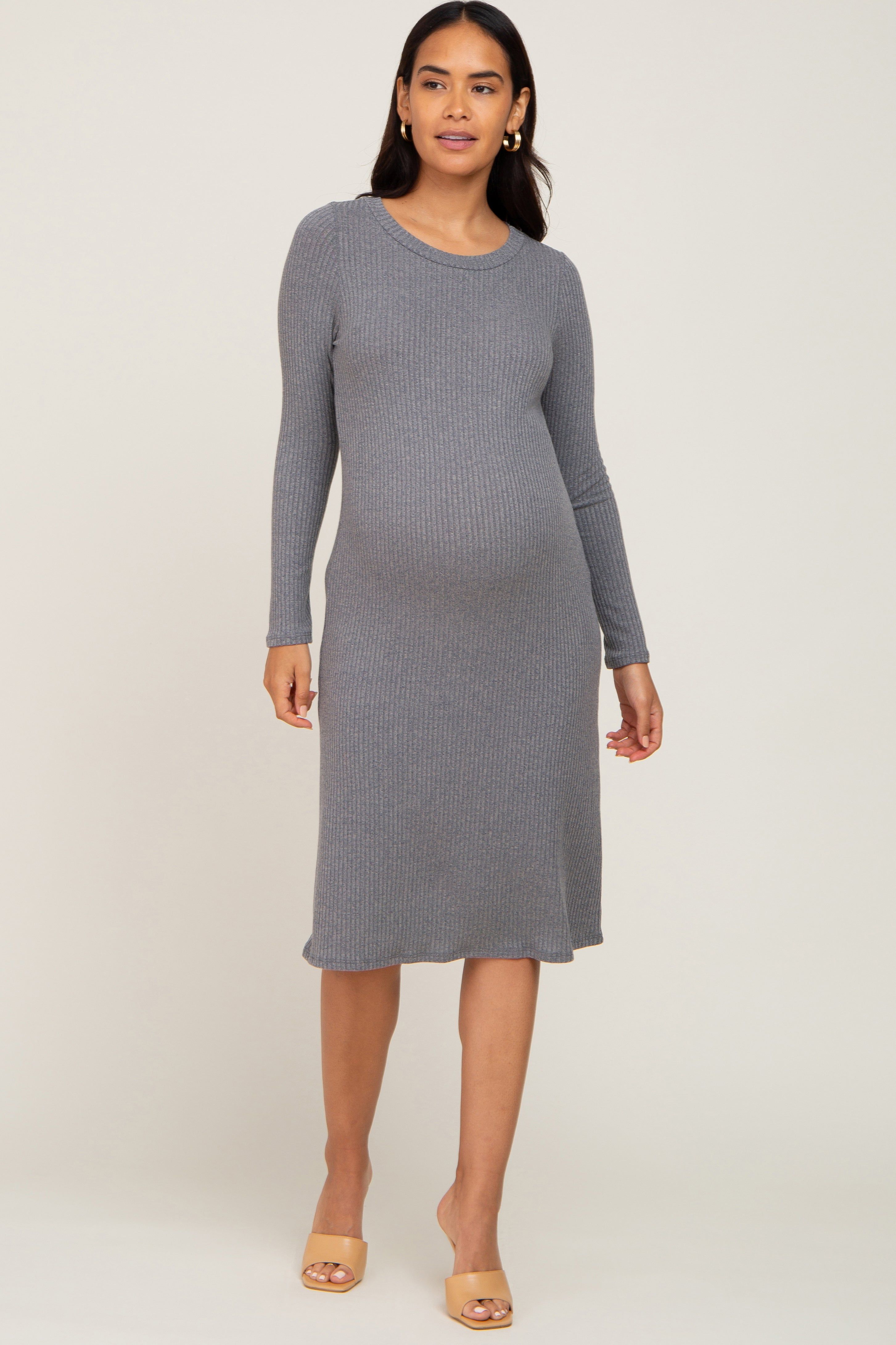 Grey Ribbed Long Sleeve Maternity Midi Dress sold by Pinkblush