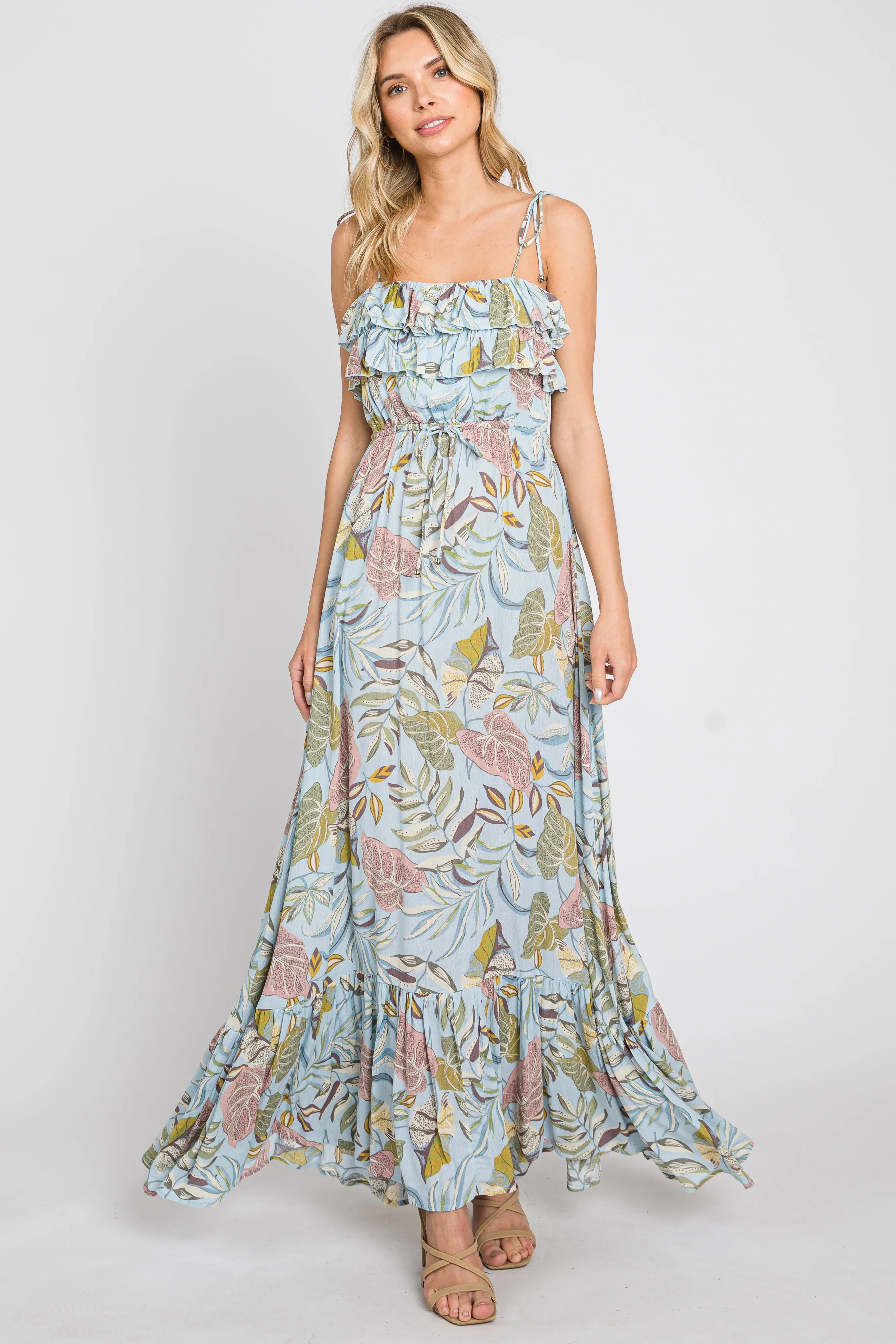 Blue Floral Ruffle Top Back Cutout Maternity Maxi Dress sold by Pinkblush product image thumbnail 5