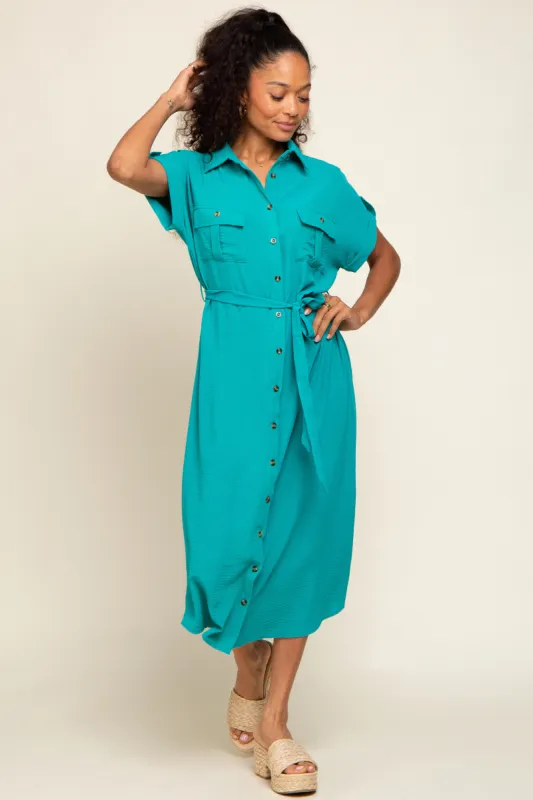 Emerald Green Button Up Front Pocket Midi Dress sold by Pinkblush