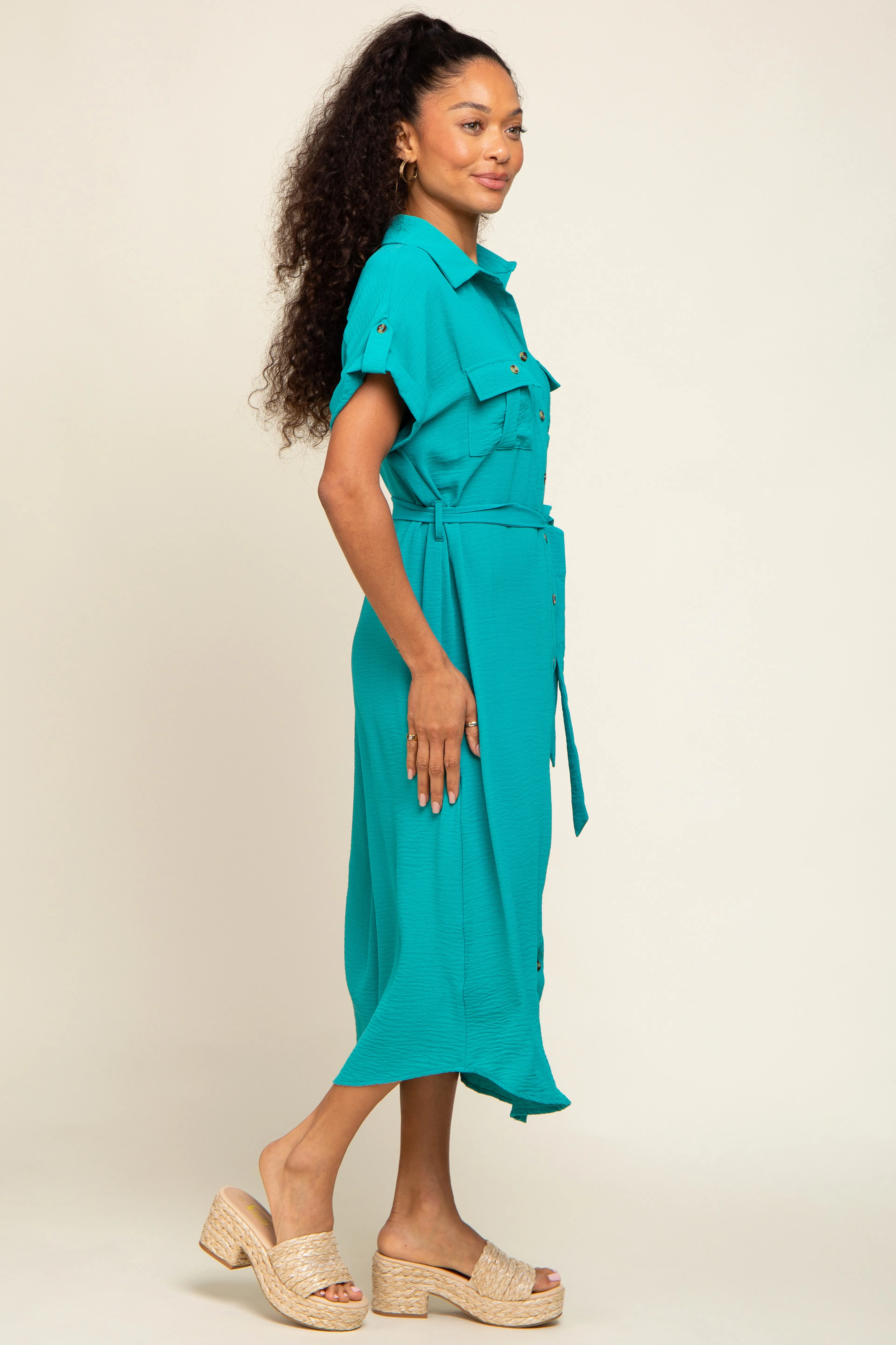 Emerald Green Button Up Front Pocket Midi Dress sold by Pinkblush product image thumbnail 2