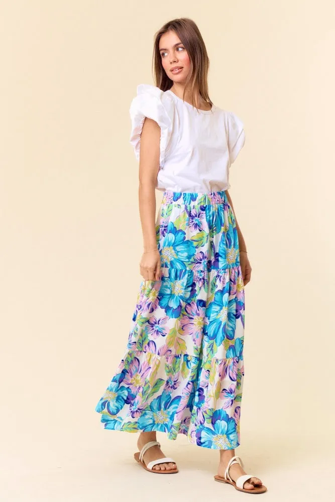 Light Blue Lavender Bright Floral Printed Flowy Maxi Skirt sold by Pinkblush