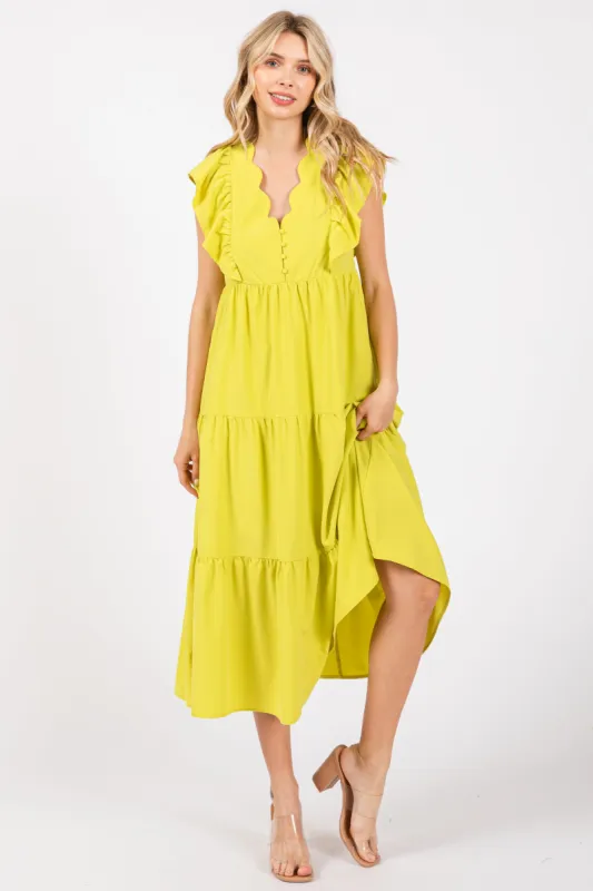 Lime Flutter Sleeve Tiered Midi Dress sold by Pinkblush