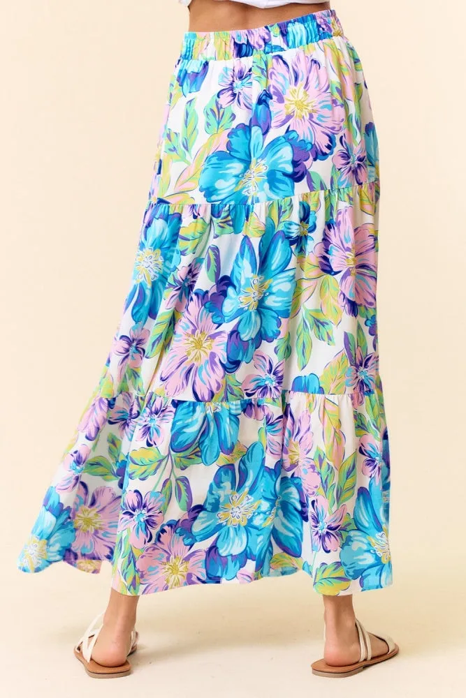 Light Blue Lavender Bright Floral Printed Flowy Maxi Skirt sold by Pinkblush product image thumbnail 5