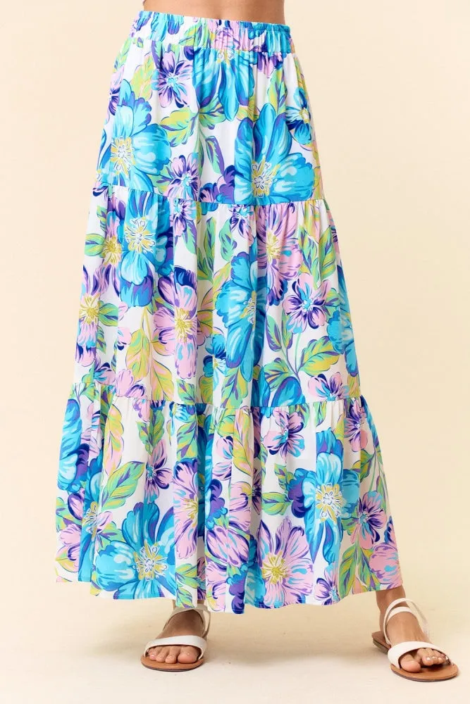 Light Blue Lavender Bright Floral Printed Flowy Maxi Skirt sold by Pinkblush product image thumbnail 3