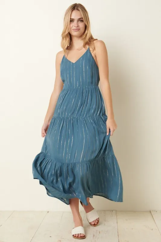 Teal Metallic Stripe Cross Back Midi Tank Dress sold by Pinkblush