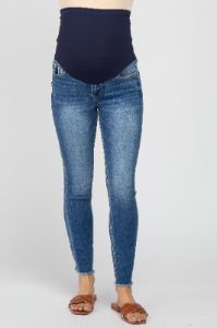 Blue Raw Hem Maternity Skinny Jeans sold by Pinkblush