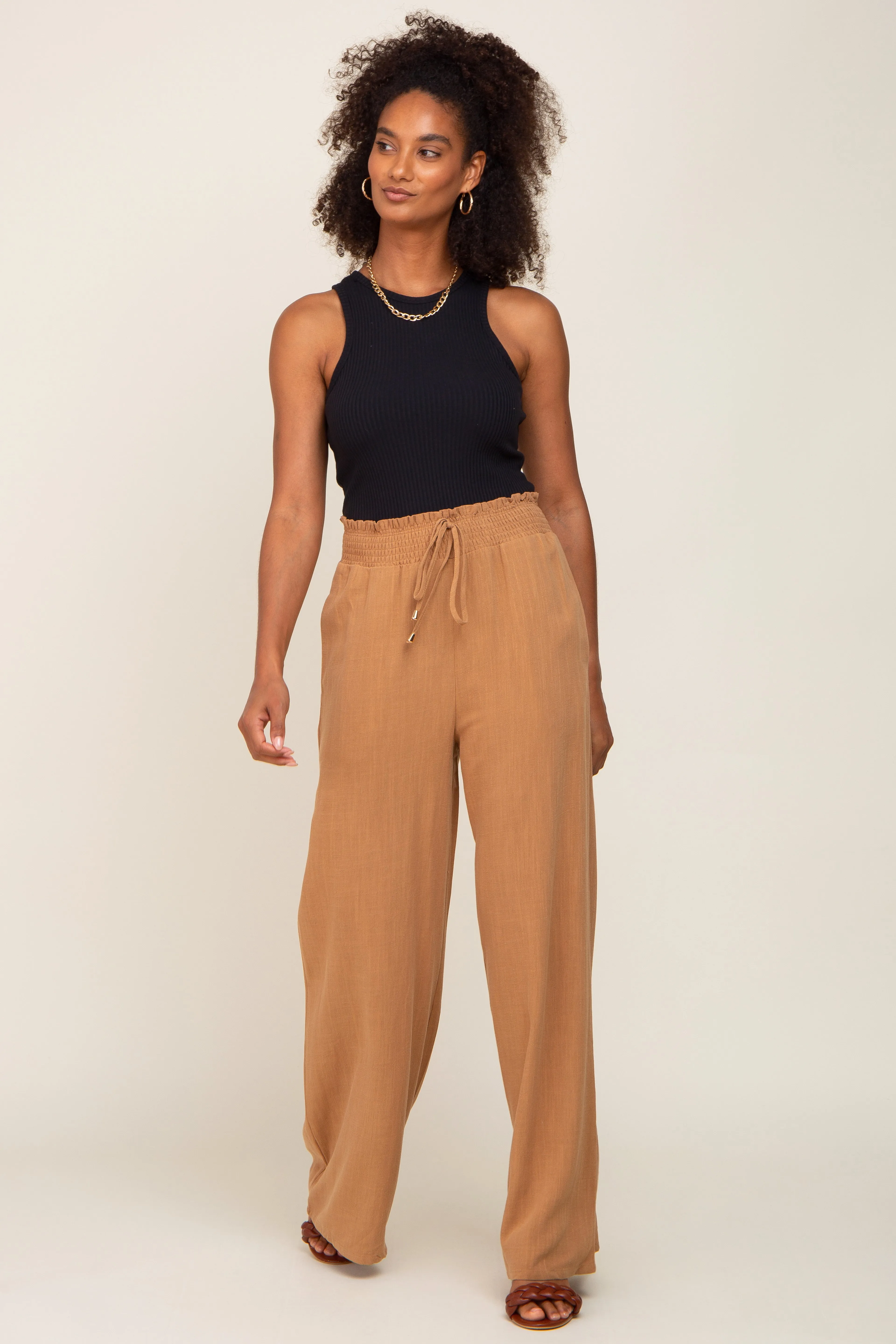 Camel Smocked Waist Wide Leg Linen Pants sold by Pinkblush product image thumbnail 5